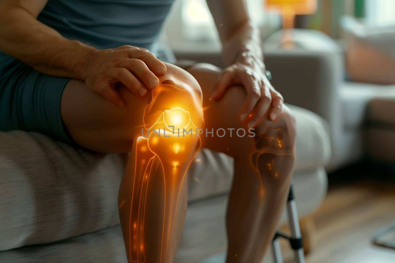 A person is sitting on a couch, clutching their knee in pain. The gesture shows discomfort in the human leg area, possibly due to an injury or strain