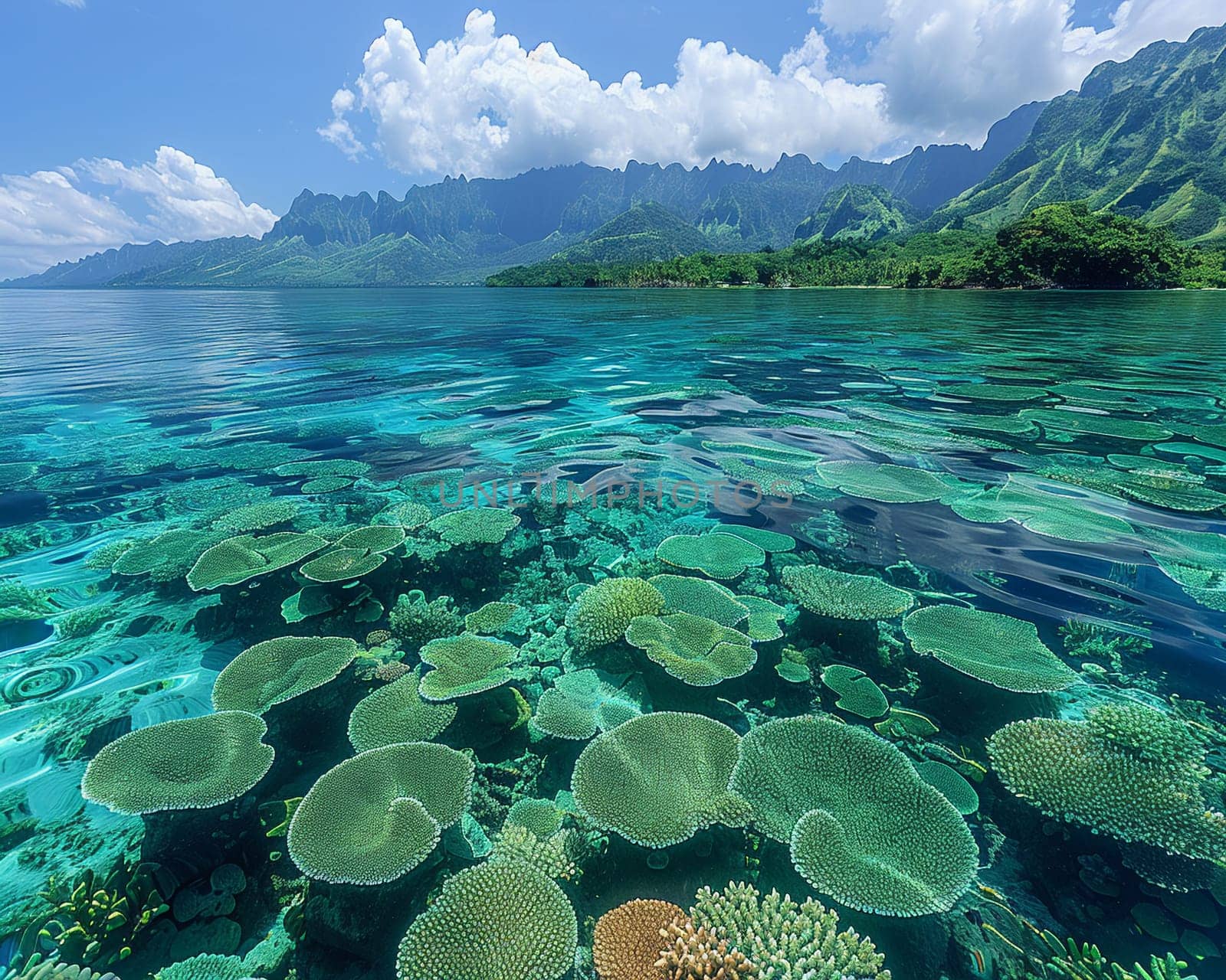 Shallow coral reef with clear water above, capturing tropical marine ecosystems.