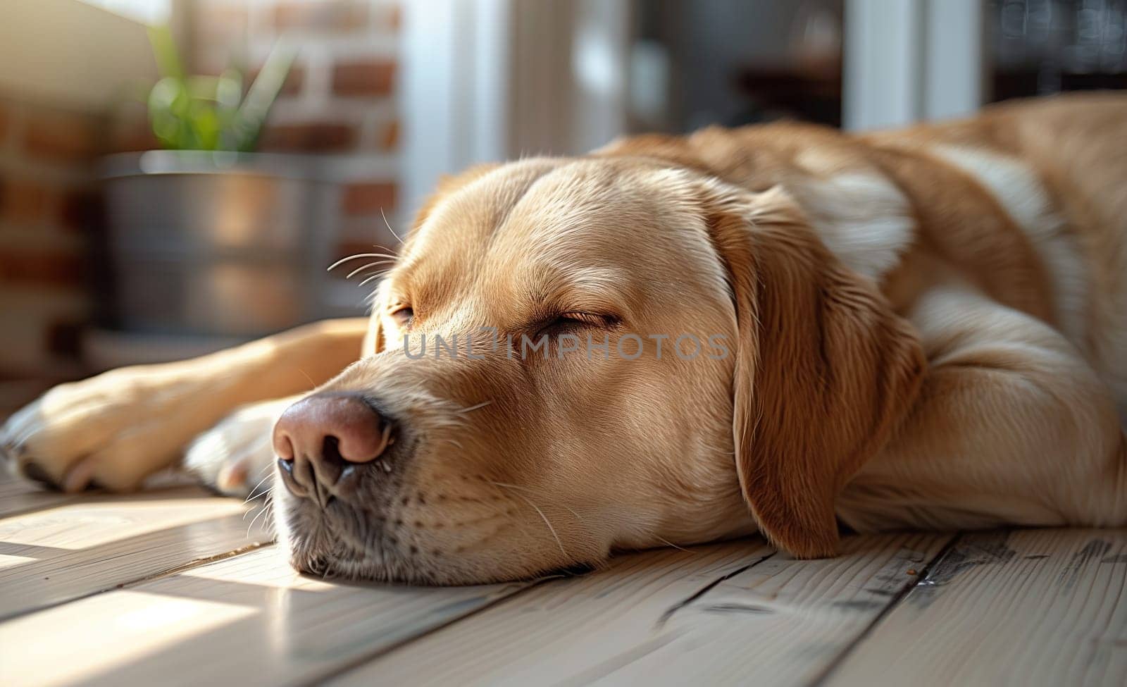 Fawn Carnivore breed Dog is laying on hardwood flooring by richwolf