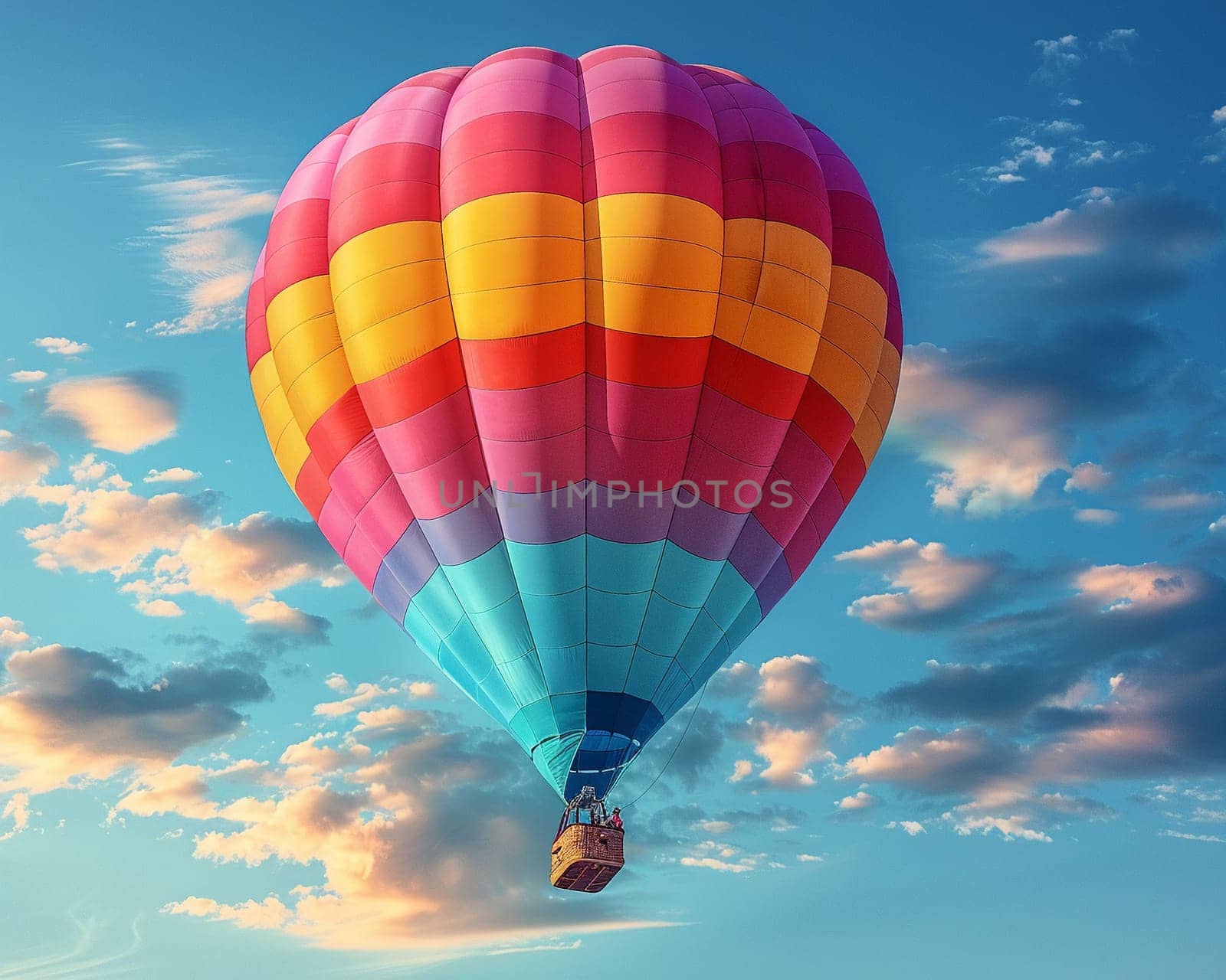 A colorful hot air balloon floating against a clear blue sky, representing freedom and adventure.