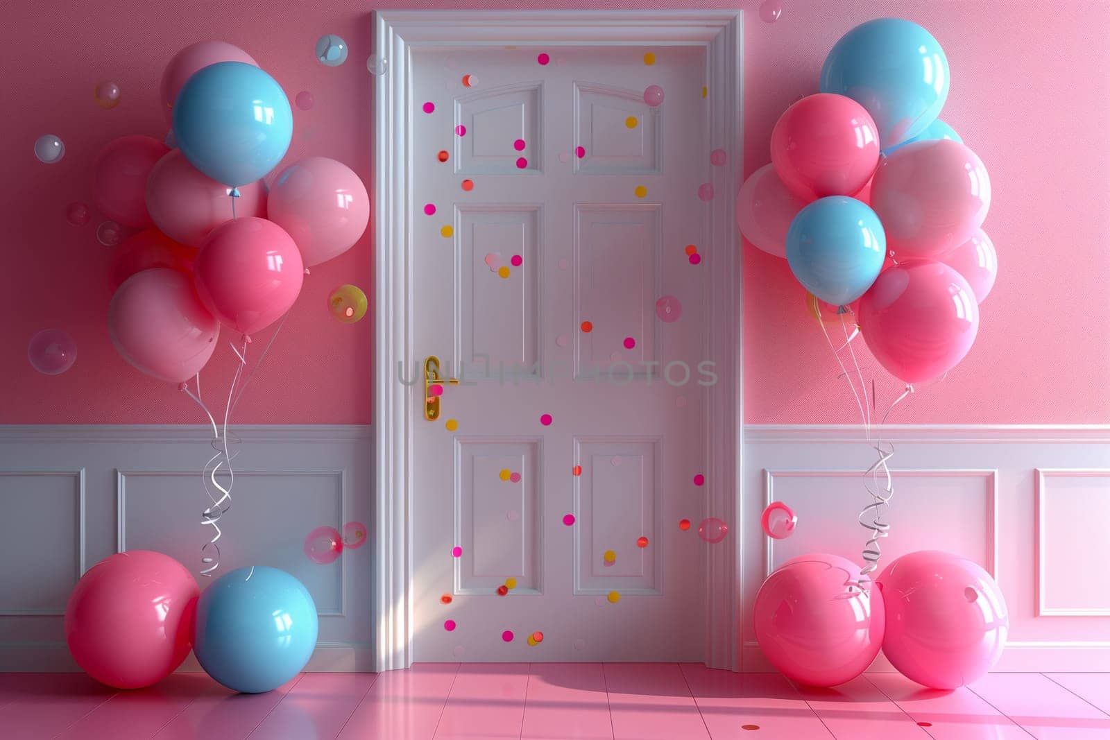 A photograph of an interior design featuring a room with magenta walls, a white door adorned with pink and violet balloons. Light fixture with pink and blue hues adds a pop of color