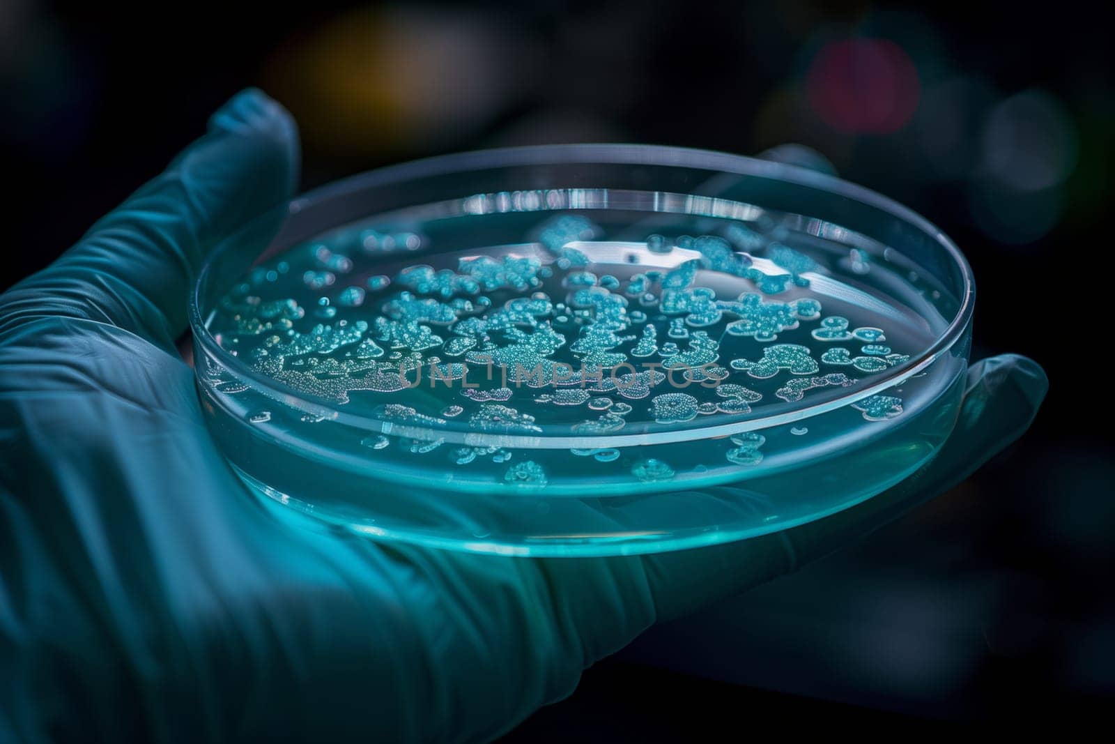The person is holding a petri dish with electric blue liquid containing bacteria. The closeup shows organism colonies forming circular patterns on the glass surface