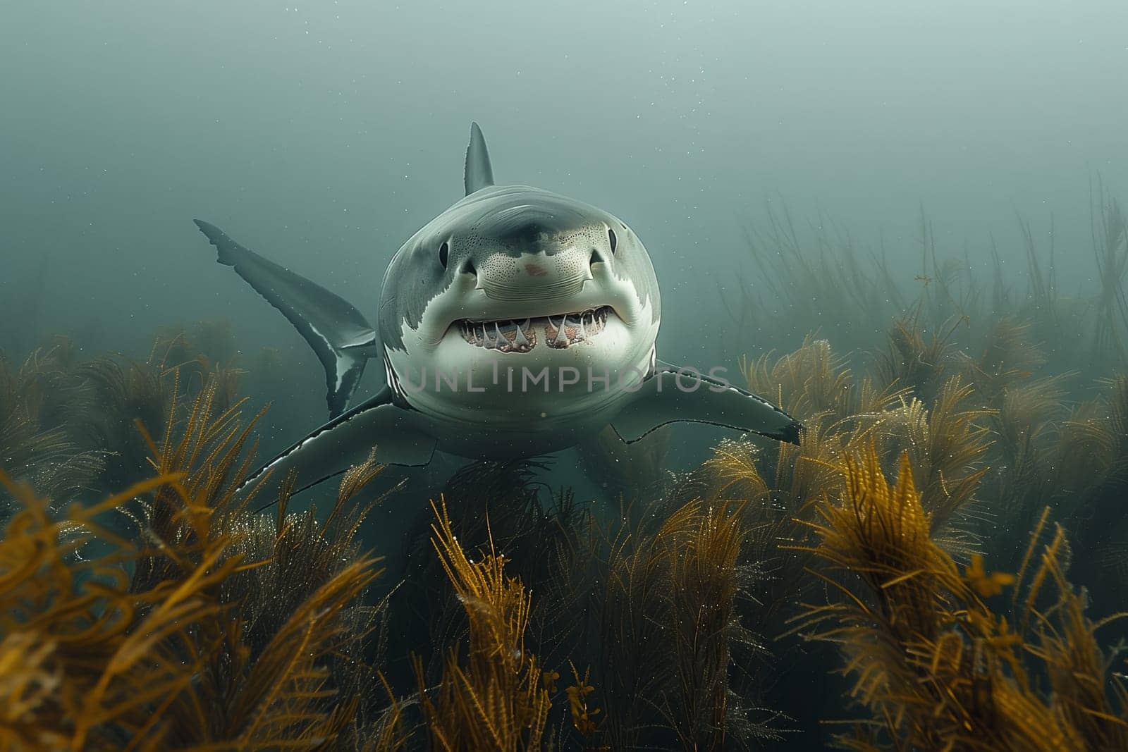A great white shark, a vertebrate organism, is gracefully swimming in the underwater landscape surrounded by seaweed in the electric blue fluid of the ocean
