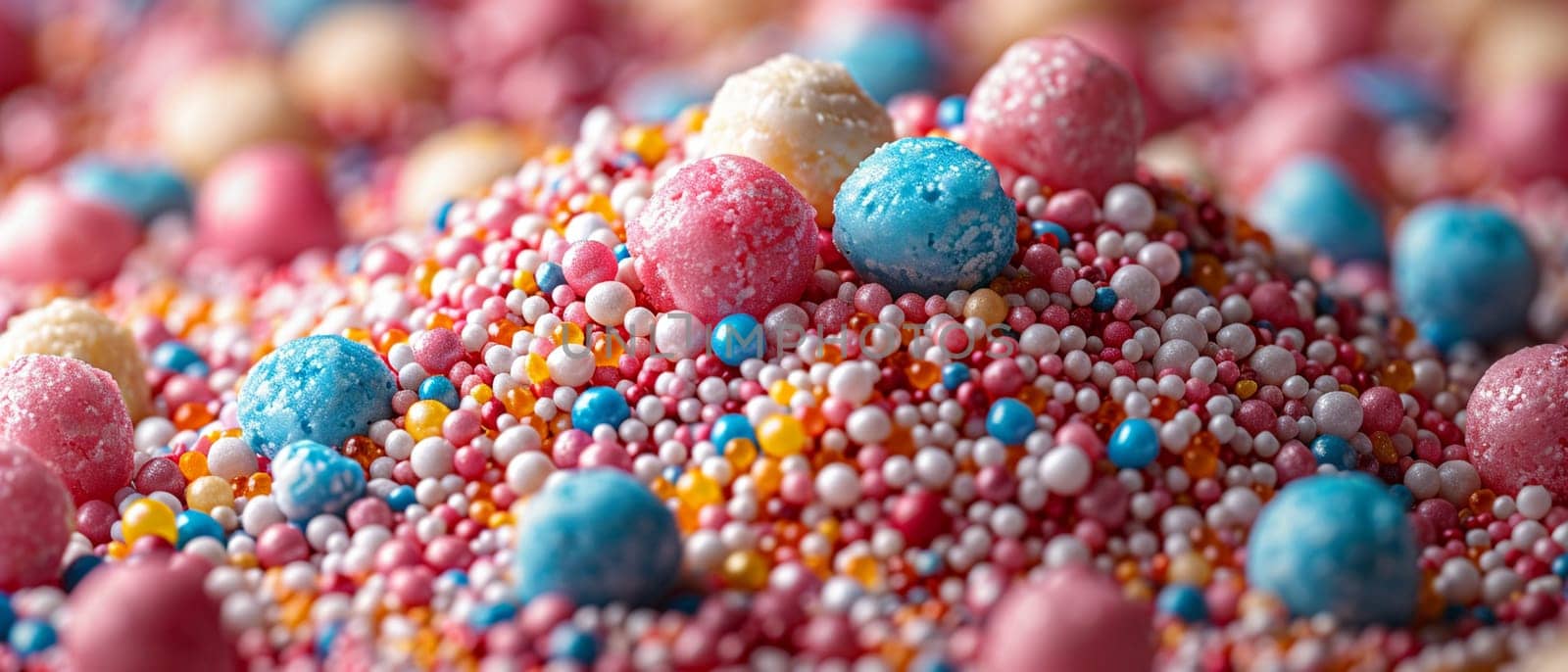 Macro shot of colorful sprinkles on a white background, creating a playful and vibrant texture.