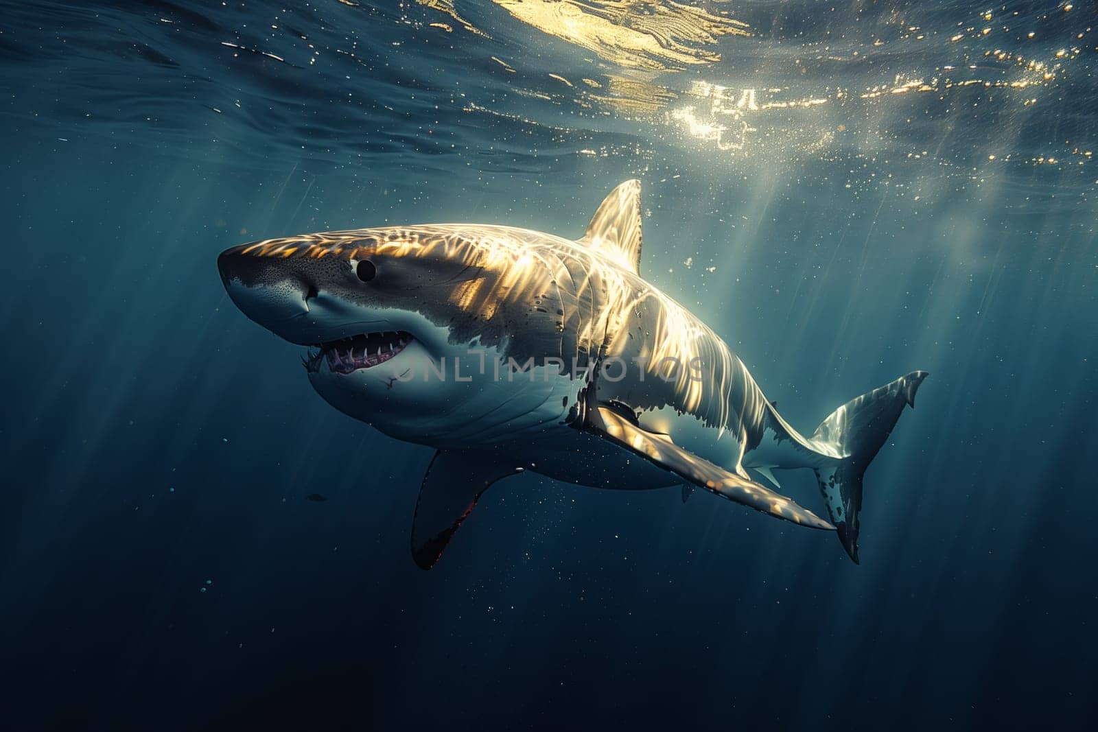 A great white shark, a vertebrate from the Lamnidae family of sharks in the order Lamniformes, is gracefully swimming in the liquid environment of the ocean