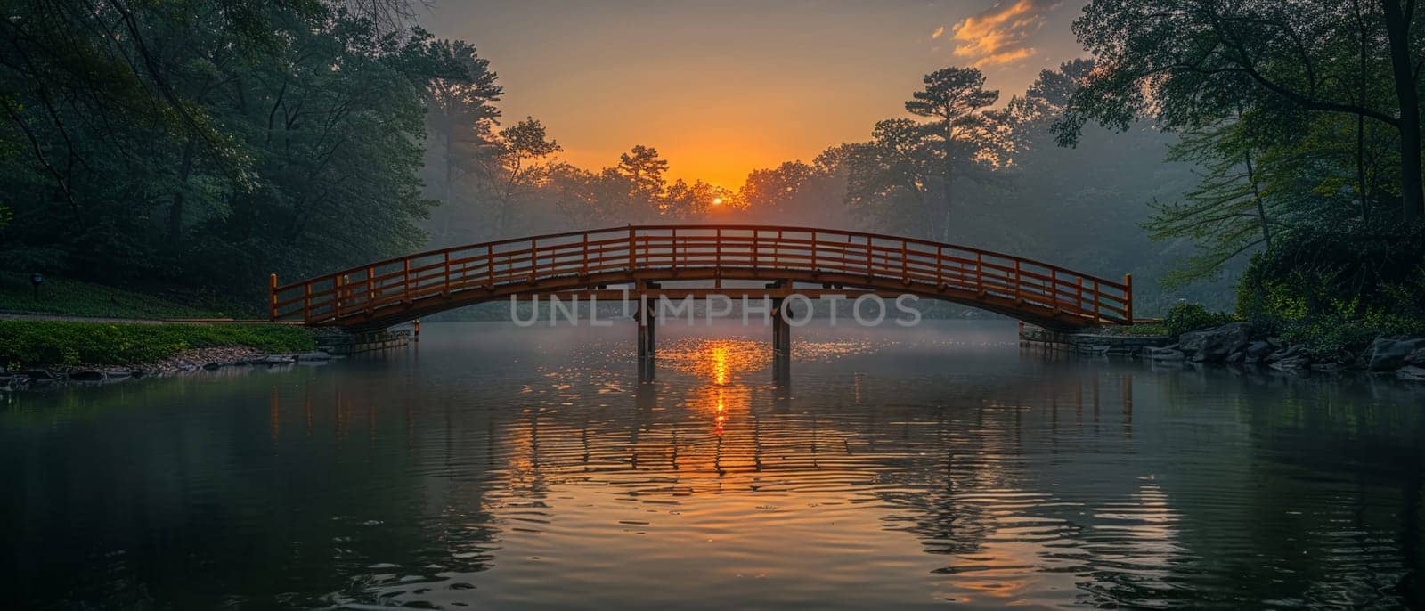 A bridge spanning a tranquil river at sunrise, connecting two shores and symbolizing passage.