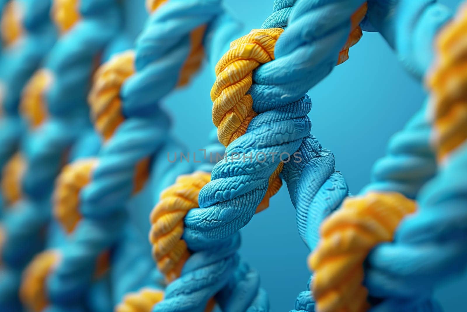 A closeup of a vibrant azure and orange rope with a unique pattern on a blue textile background, resembling an electric blue organism art piece