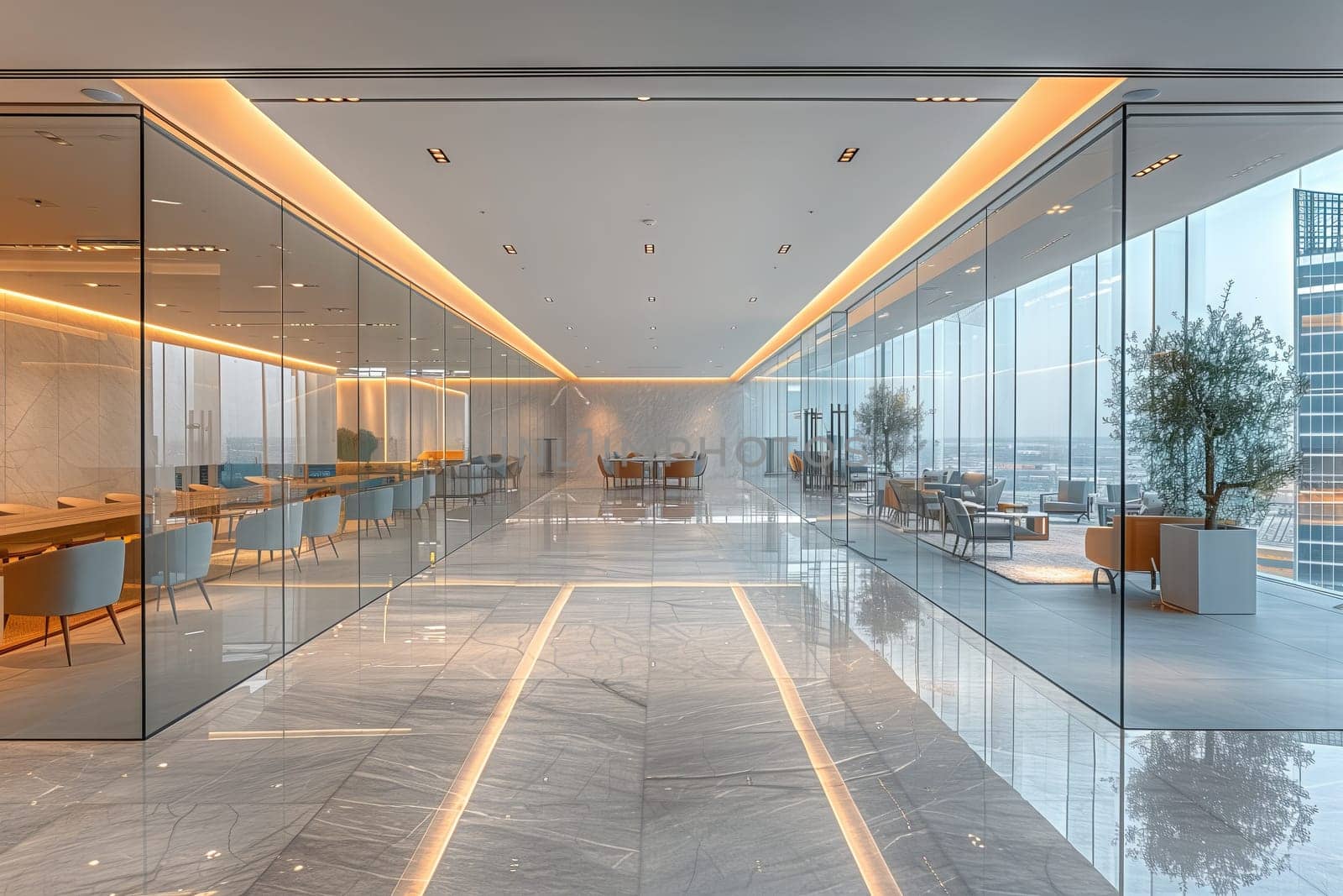A long hallway in a building with many windows, marble flooring, and a sleek modern facade. The natural light streams through the glass windows, highlighting the elegant design