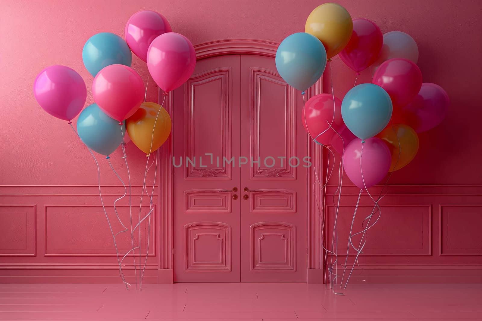 A vibrant display of balloons adorns a magenta archway, creating a fun and sweet atmosphere for the event. The pink door serves as the perfect backdrop for this party supply decoration