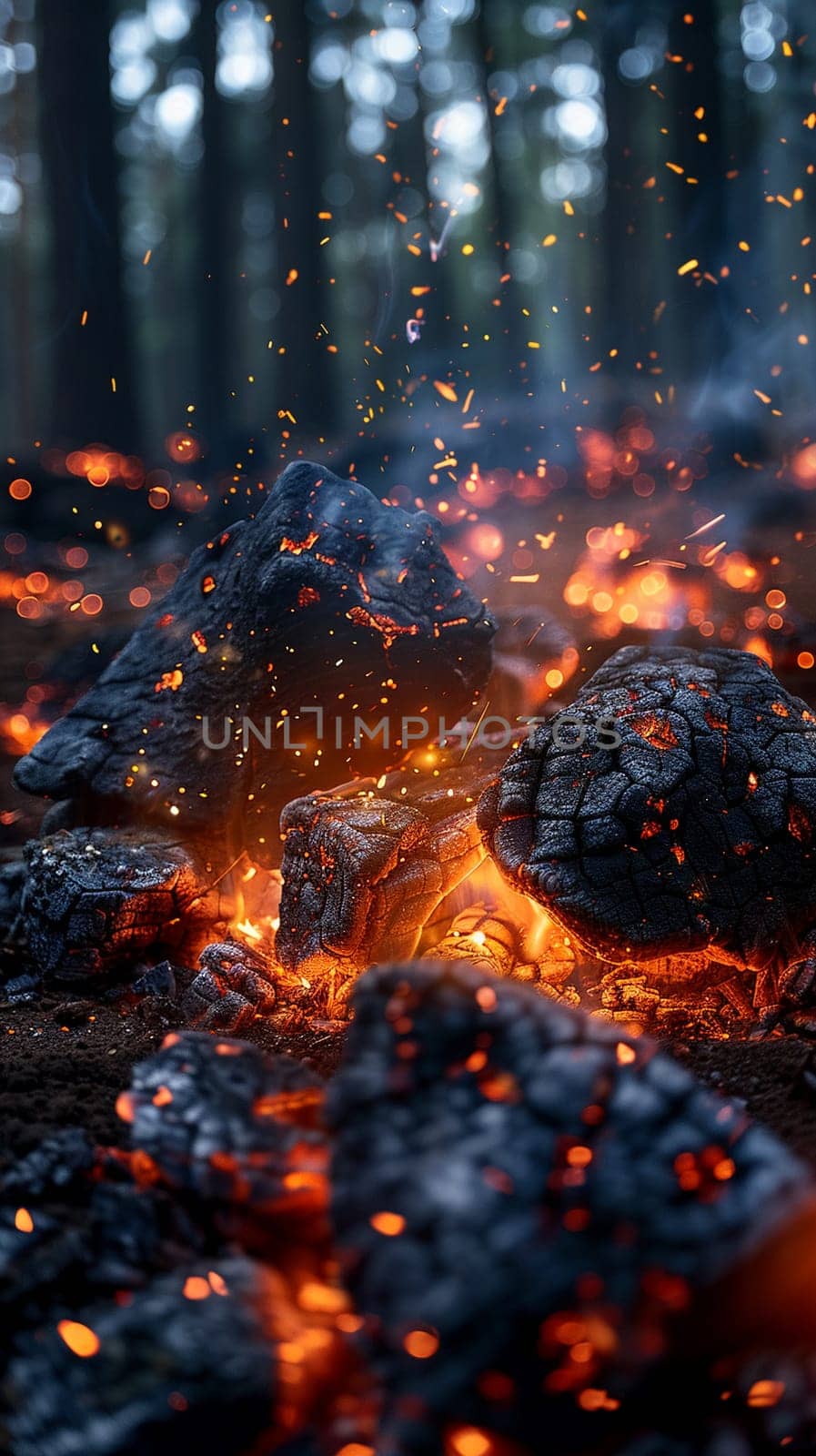 Glowing embers in a campfire, capturing warmth and adventure themes.