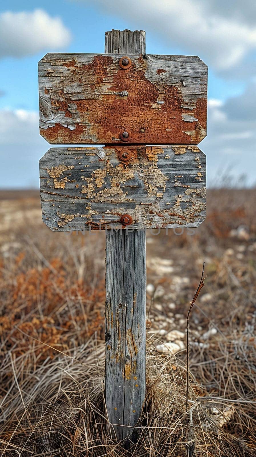 A weathered wooden signpost in a rural setting, pointing in multiple directions, evoking choice and adventure.