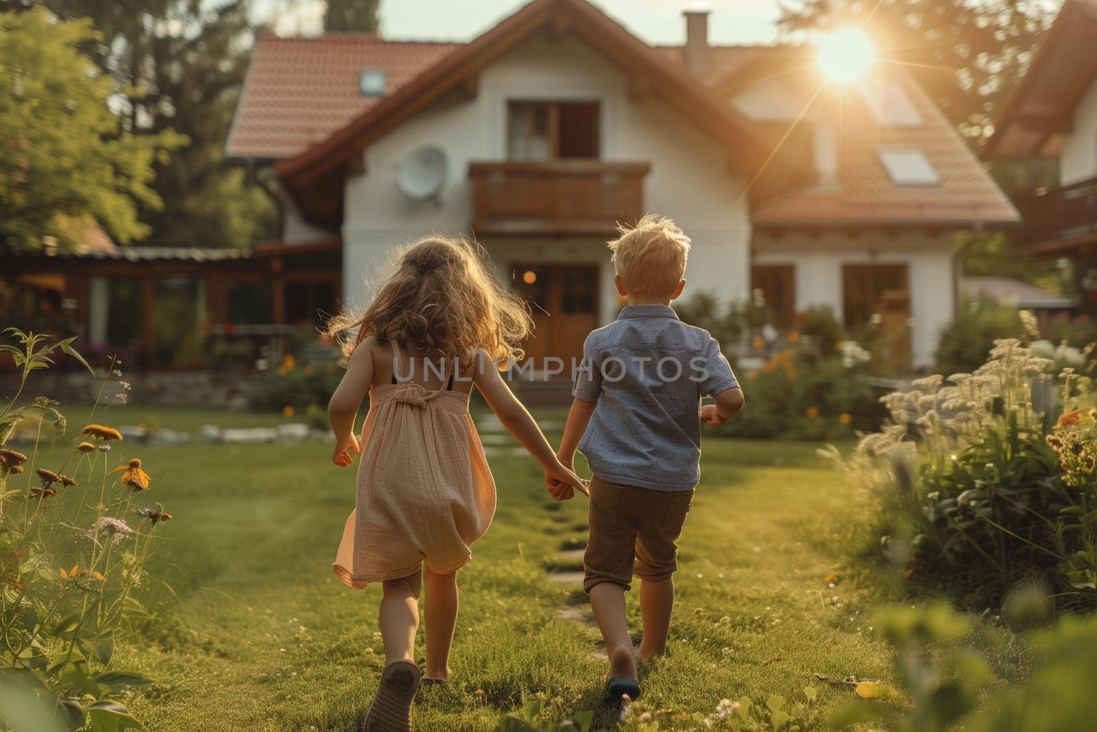 A boy and a girl stroll hand in hand towards a charming house surrounded by lush greenery. They enjoy the natural landscape, filled with trees, grass, and shrubs