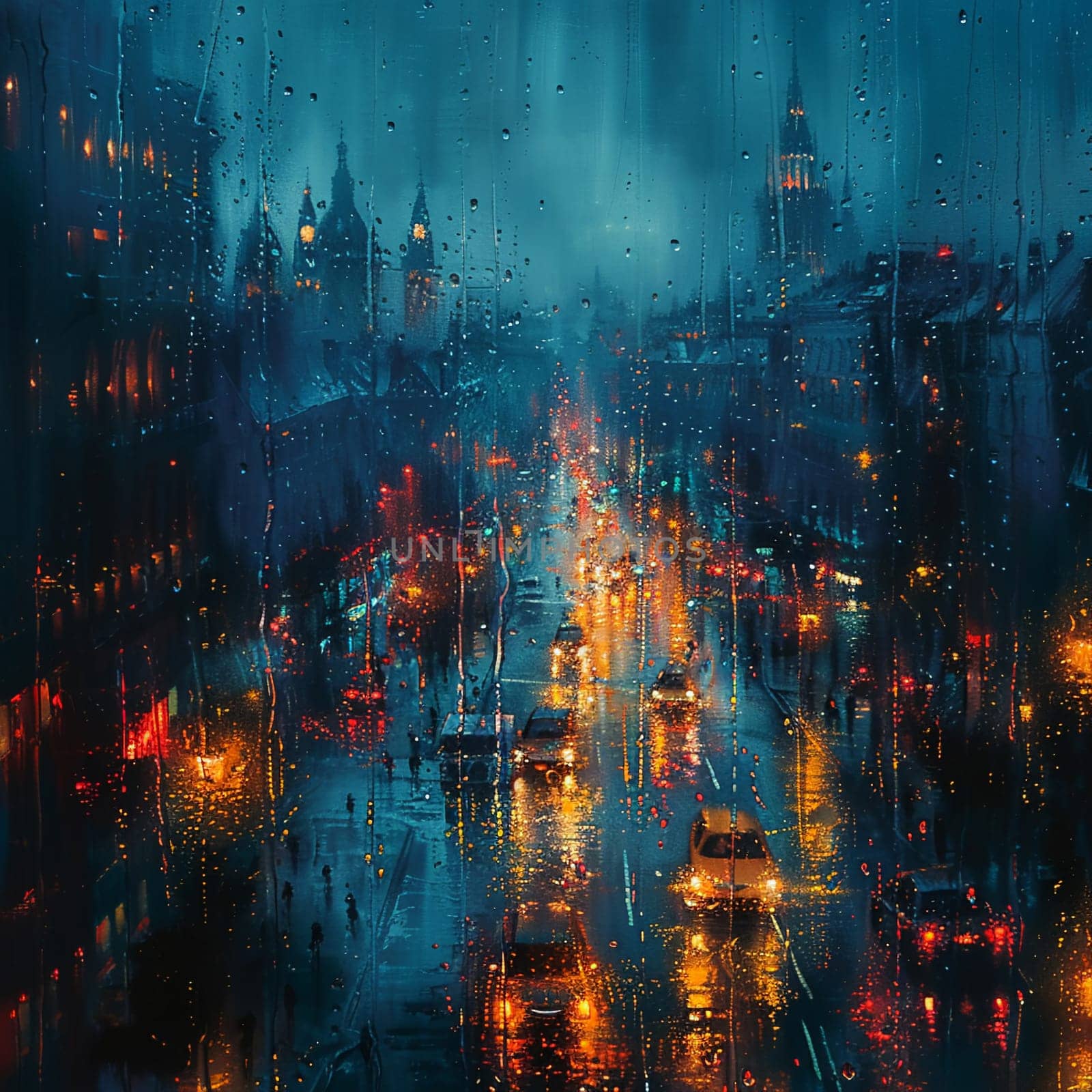 A cityscape seen through a rain-soaked window, creating a dreamy and abstract view.