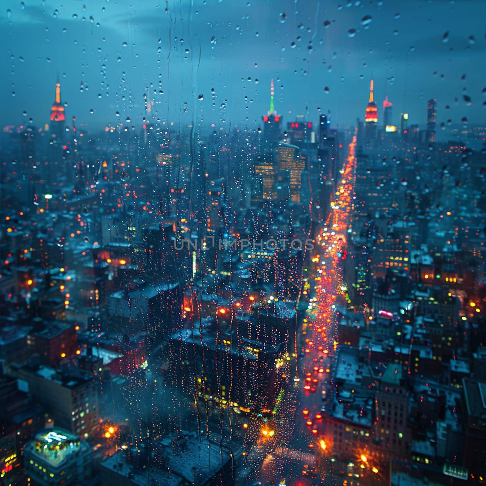 A cityscape seen through a rain-soaked window, creating a dreamy and abstract view.