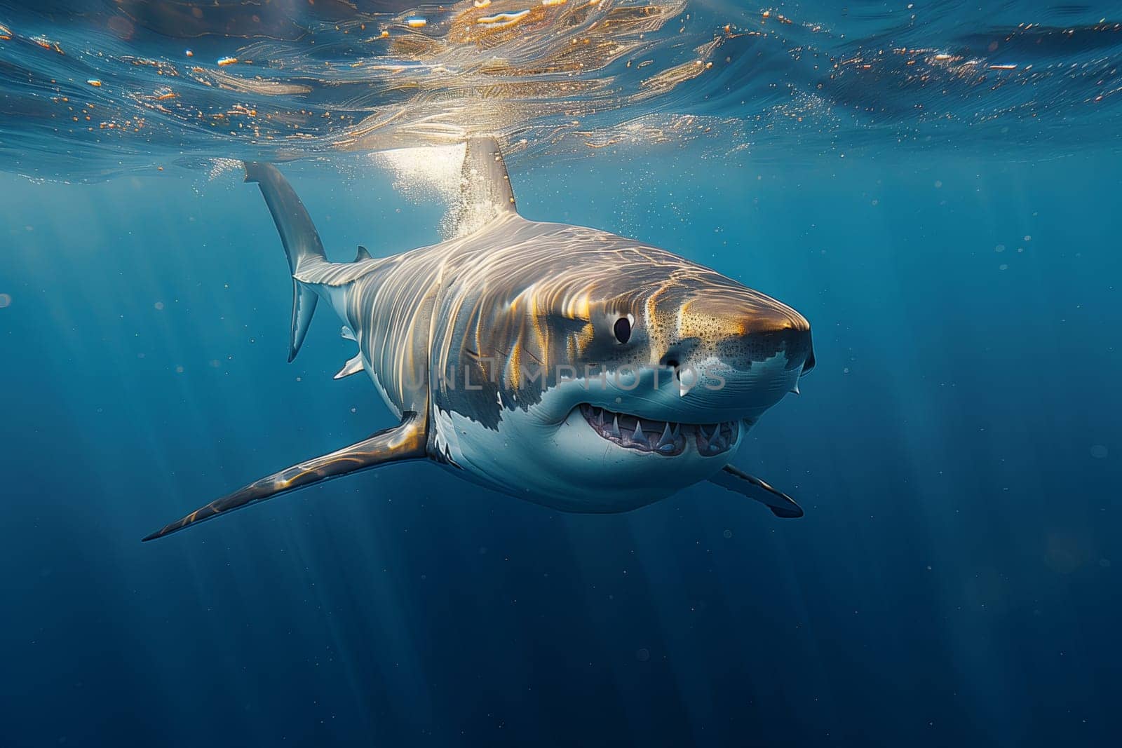 A cartilaginous fish, the great white shark, is gracefully swimming underwater with its powerful fins in the fluid environment of the ocean