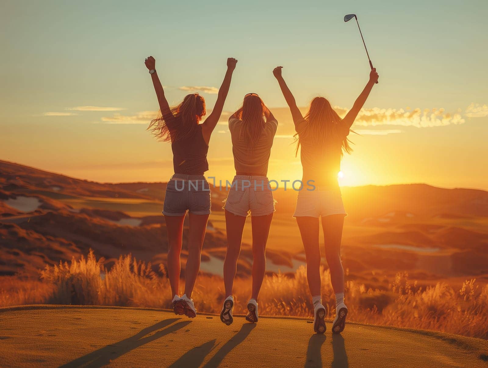 Three women are joyfully leaping in the sky with their arms raised, enjoying the natural landscape and feeling happy in the warm weather