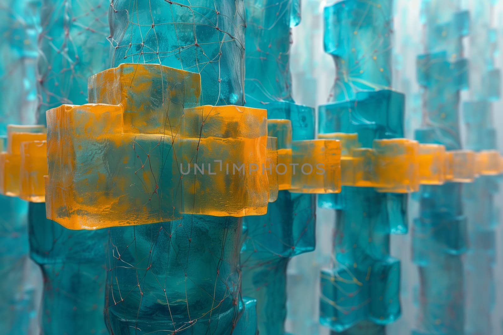 A detailed painting showing ice cubes in a waterfall, capturing the fluidity and beauty of blue and azure hues in this artwork