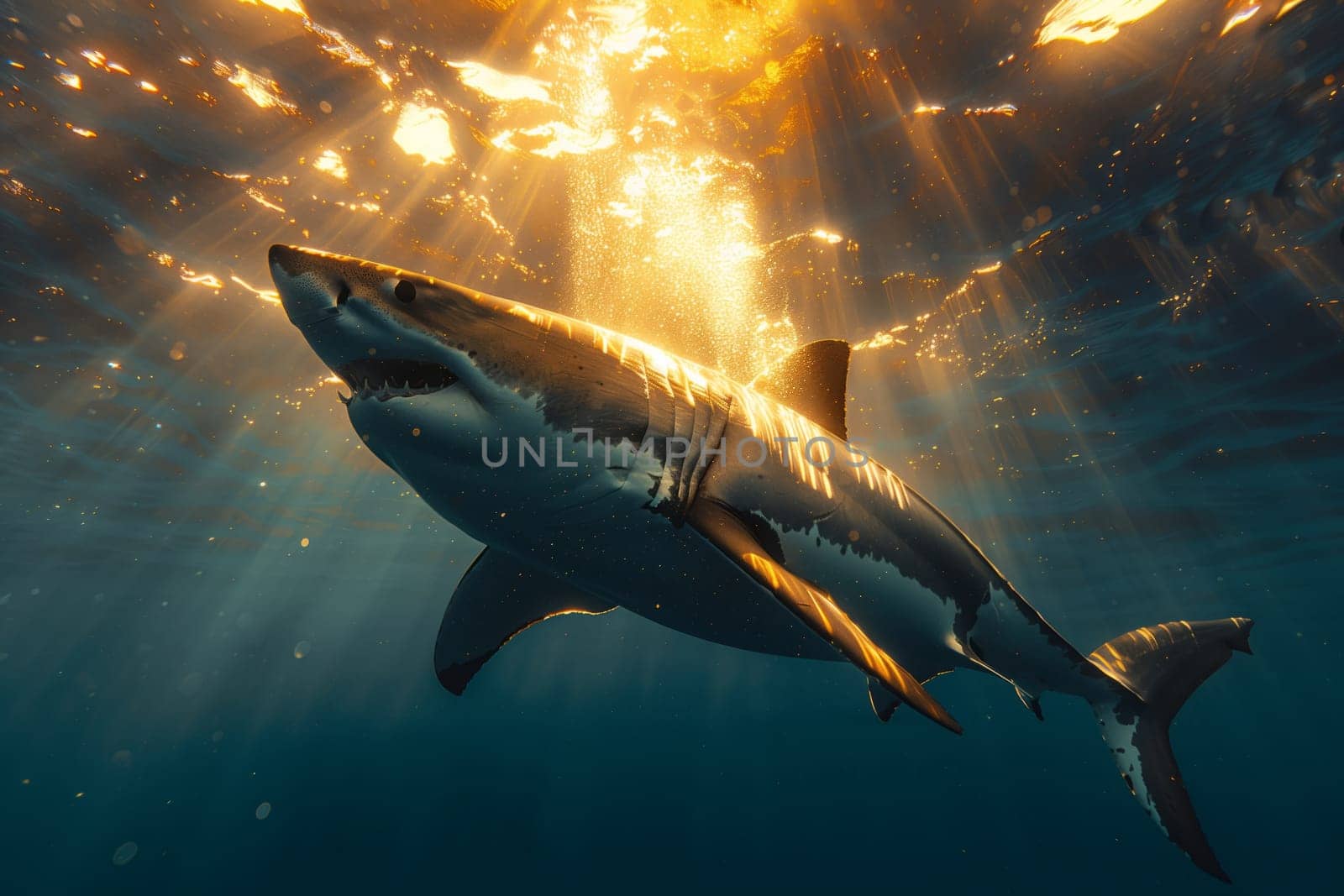 A Lamnidae shark swims underwater with the sun shining through the fluid water by richwolf