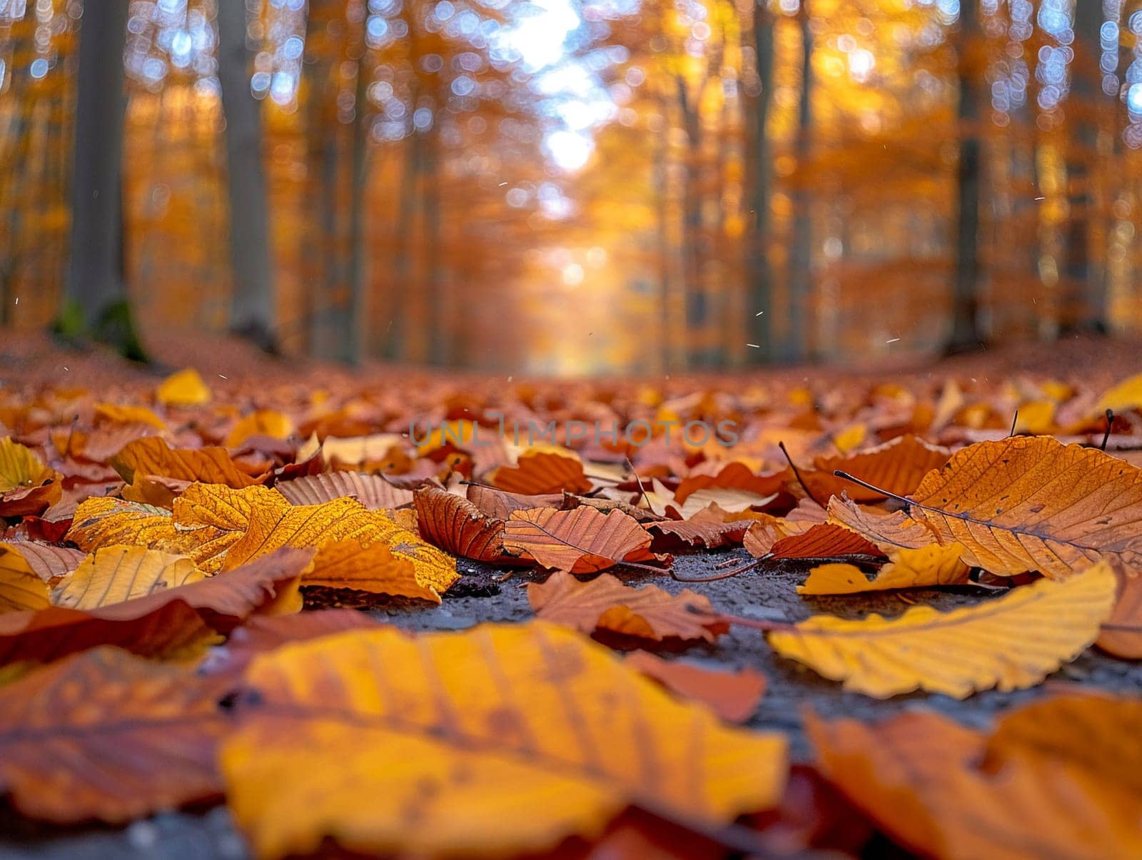 Brightly colored autumn leaves on forest floor by Benzoix