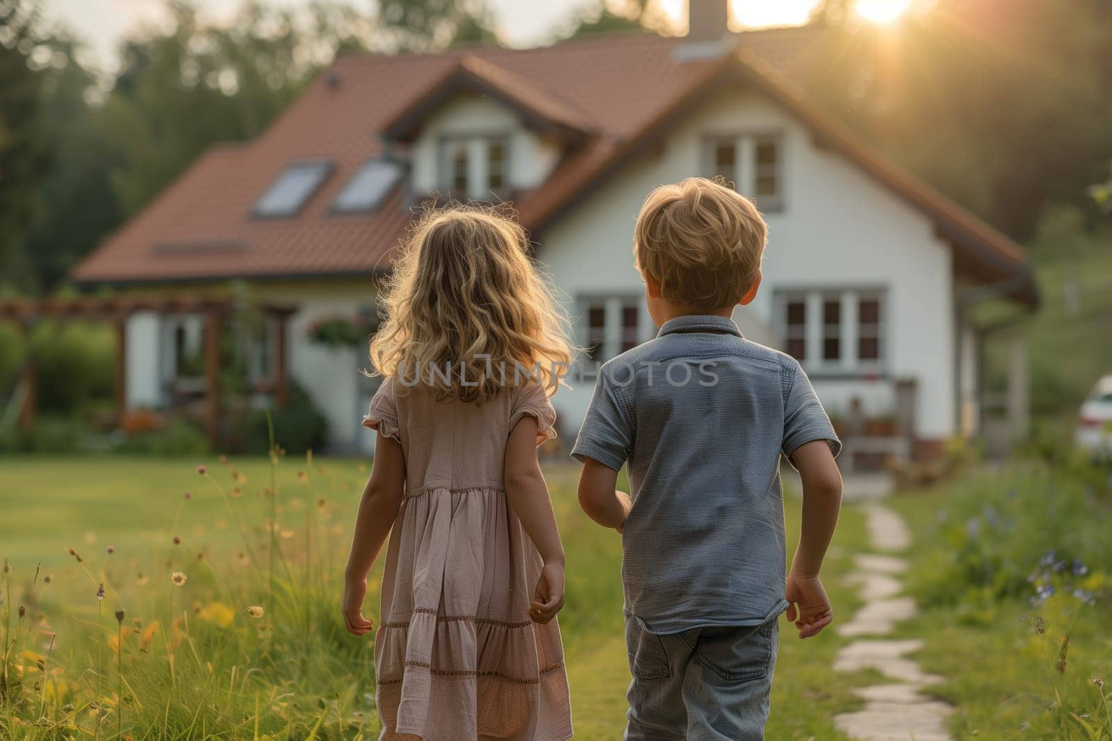 A boy and a girl stroll hand in hand towards a charming house surrounded by lush greenery. They are happy, with trees, grass, and a meadow around them