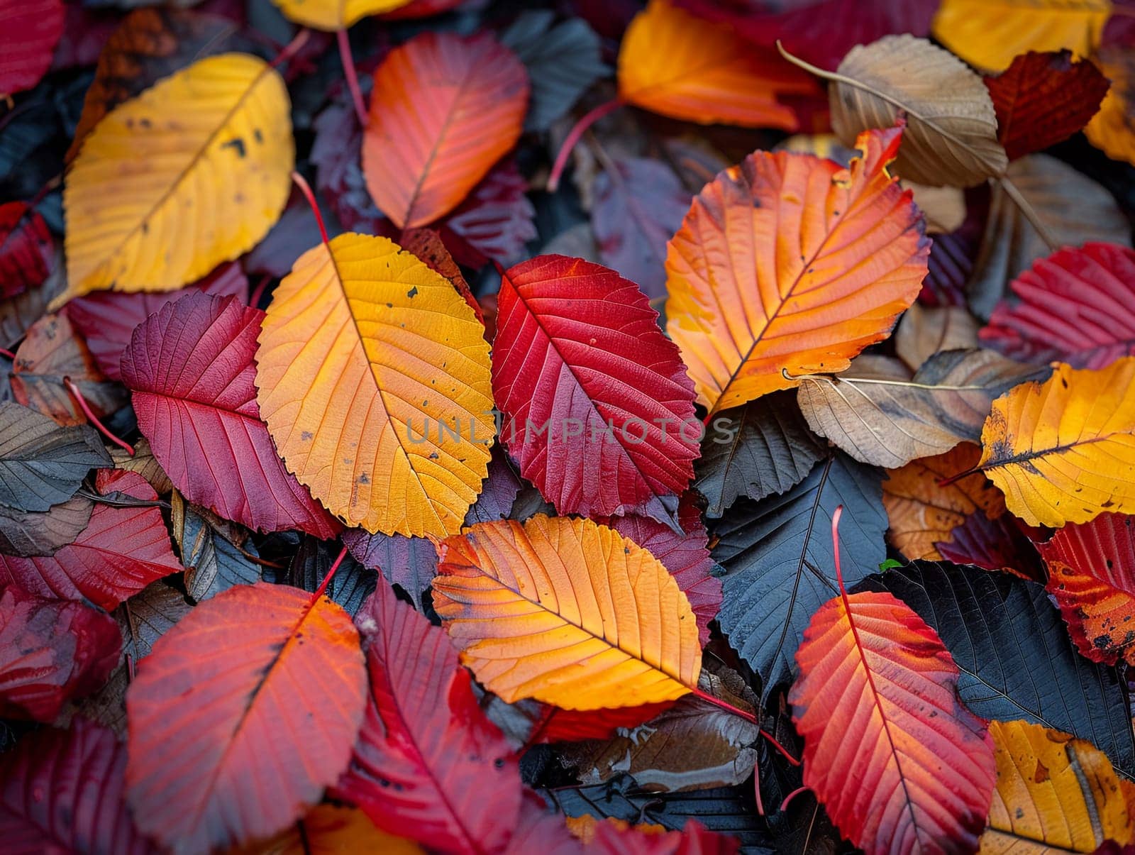 Brightly colored autumn leaves on forest floor by Benzoix