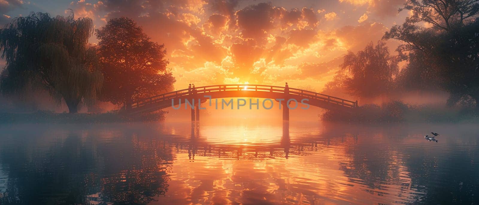 A bridge spanning a tranquil river at sunrise, connecting two shores and symbolizing passage.