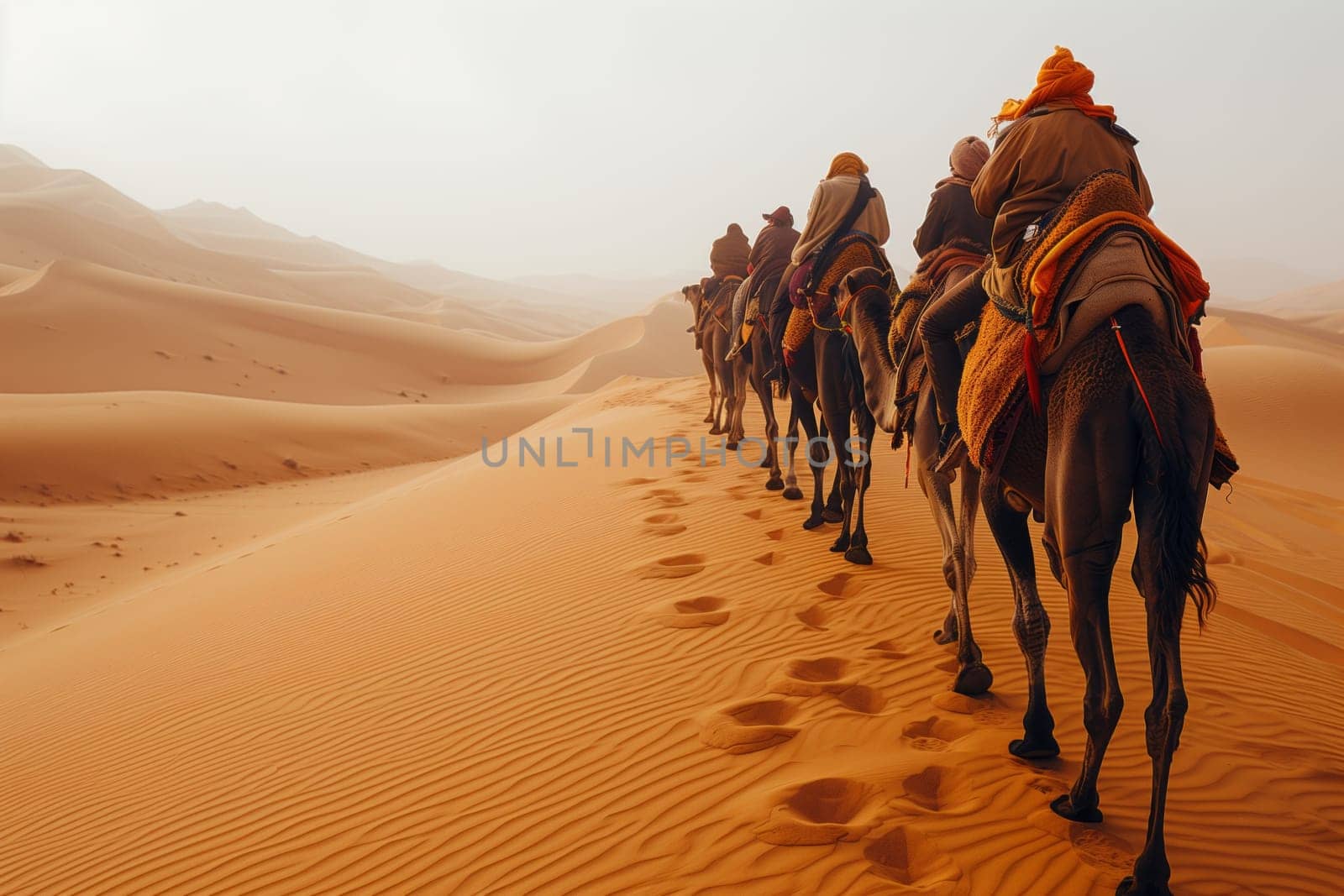 A group of travelers journey through the desert on camels, experiencing the vast landscapes and singing sands under the open sky