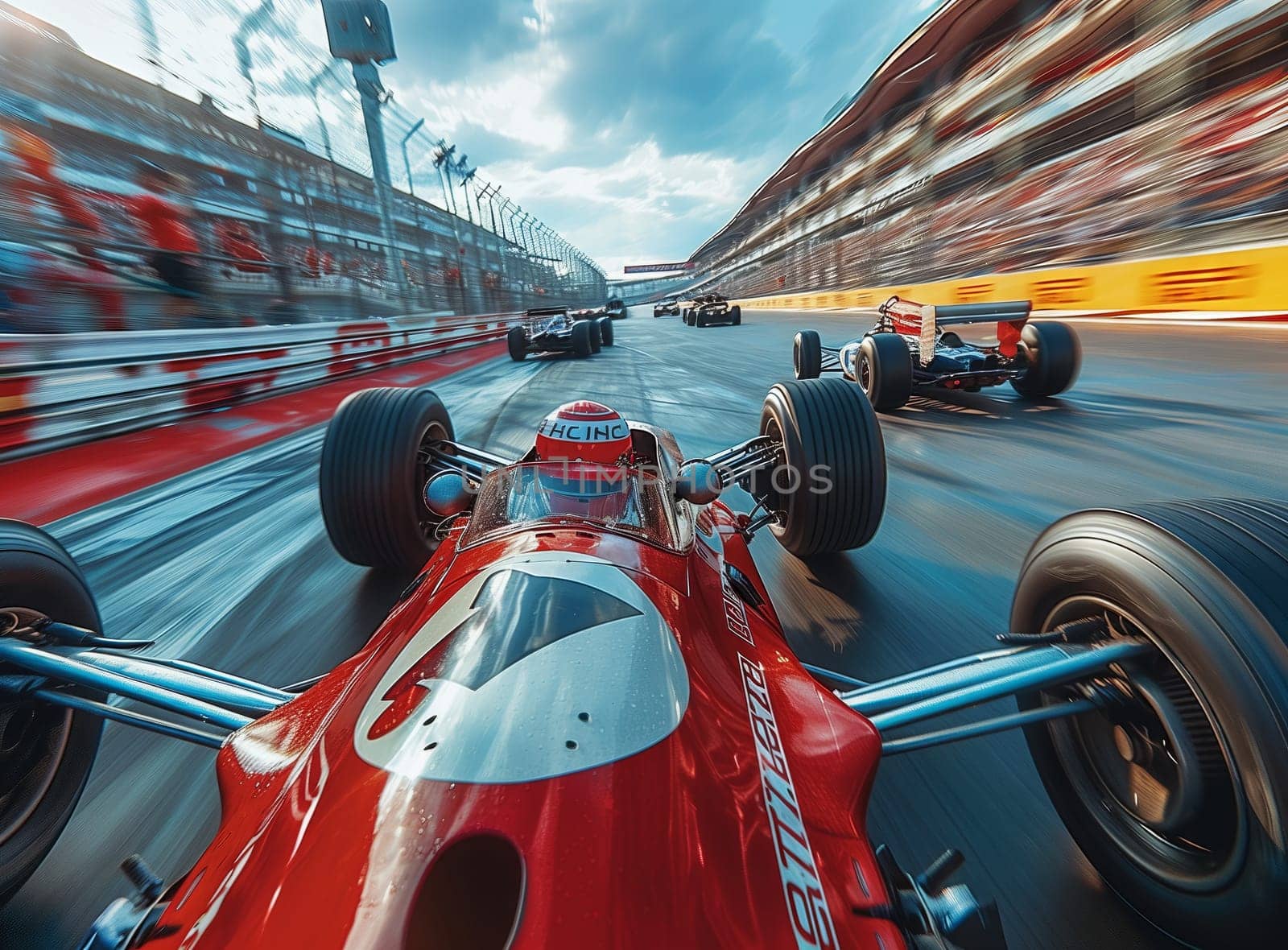 A group of vehicles with automotive tires are racing on a track under the cloudy sky, showcasing automotive design and exterior