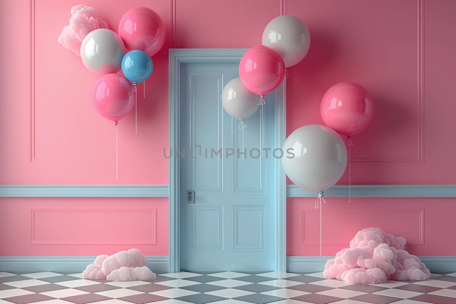A room with light pink walls, a vibrant magenta door adorned with balloons. The party supply adds a pop of color to the happy event, with violet flooring and a window letting in natural light