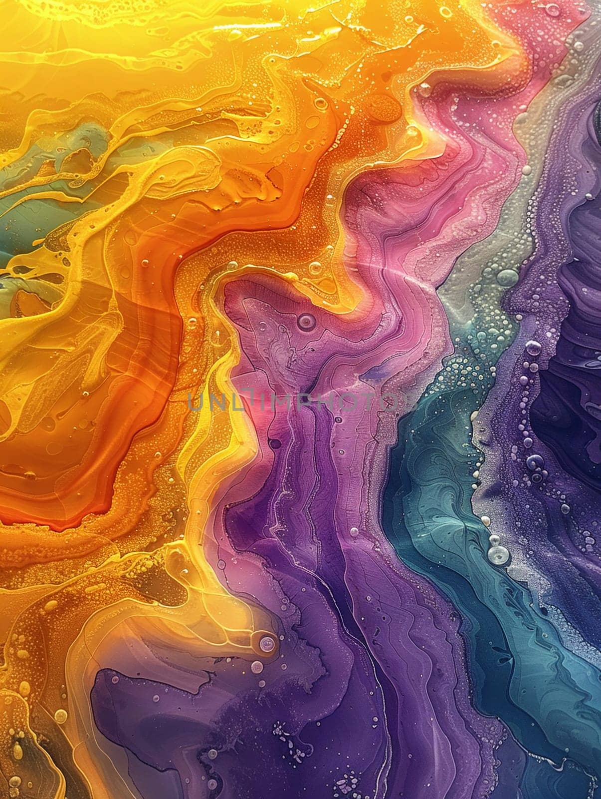 Abstract patterns of oil on water, showcasing the interaction of colors and fluids.