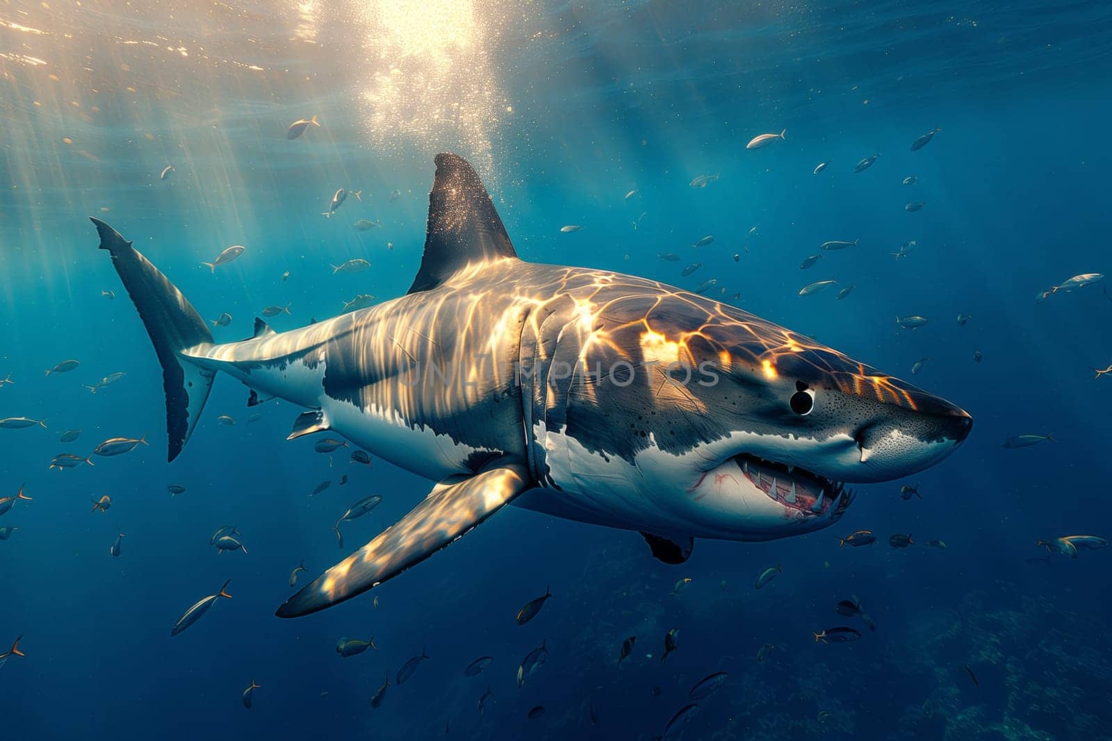 A formidable Lamnidae shark, known as the great white shark, gracefully swims in the underwater world, showcasing its powerful fin and impressive presence in the ocean