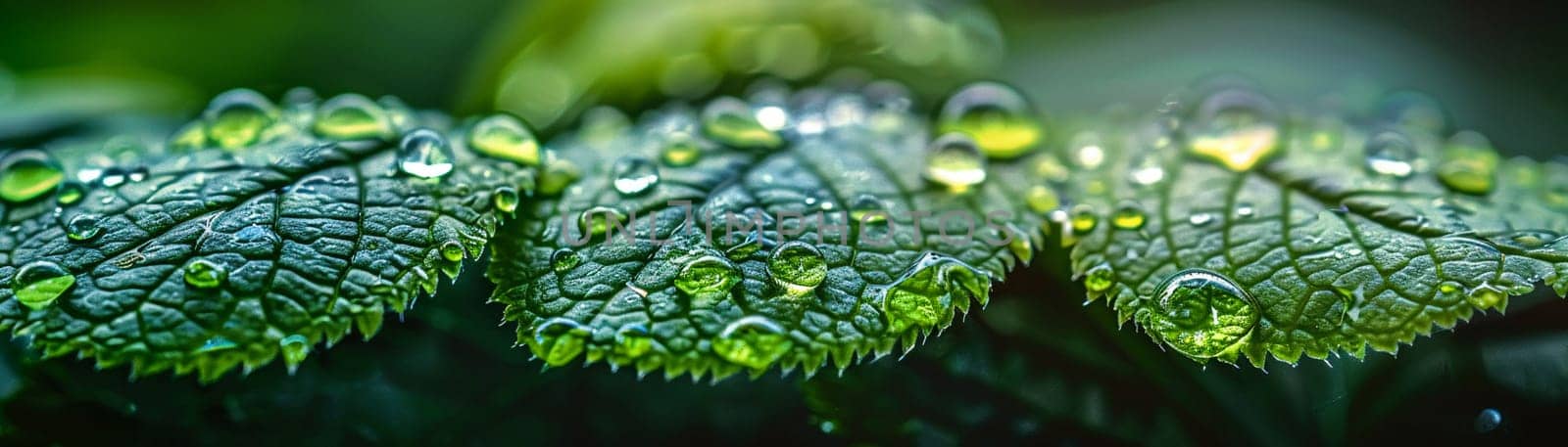 Close-up of raindrops on a vibrant green leaf by Benzoix