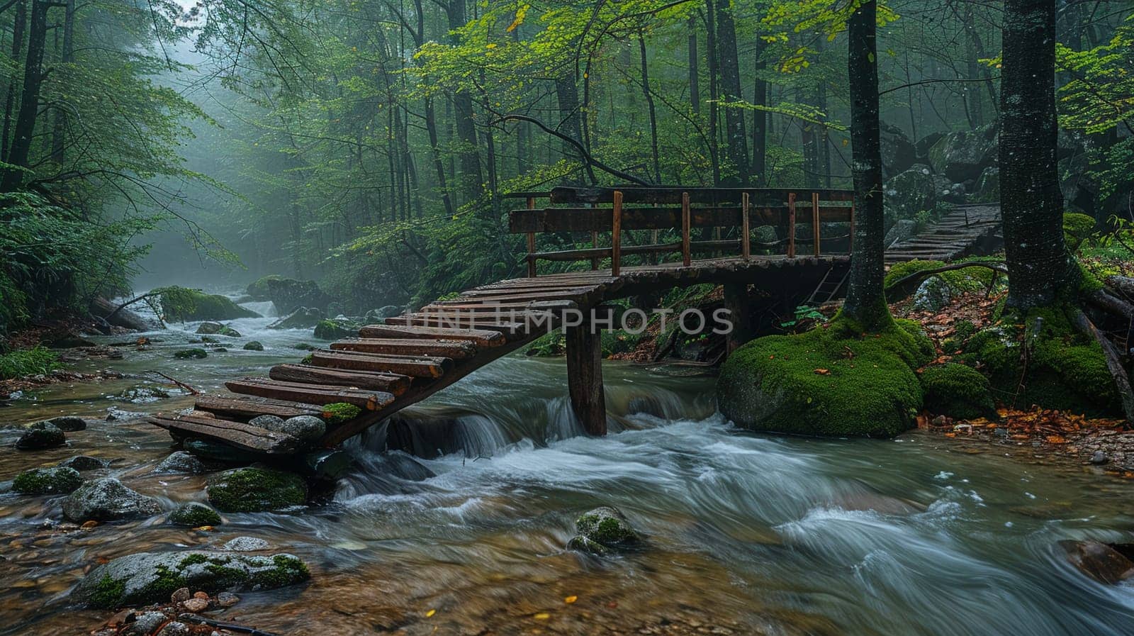 A rustic wooden bridge over a forest stream, evoking adventure and exploration.
