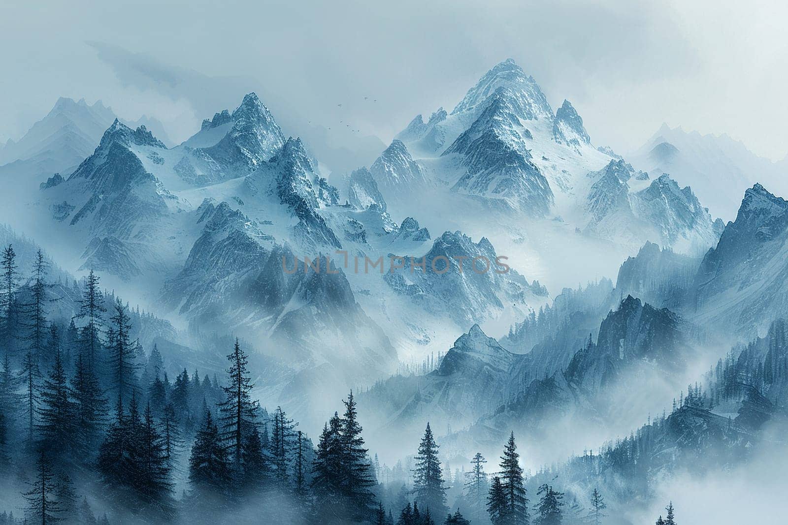 Misty mountain range at dawn, ideal for tranquil and majestic background themes.