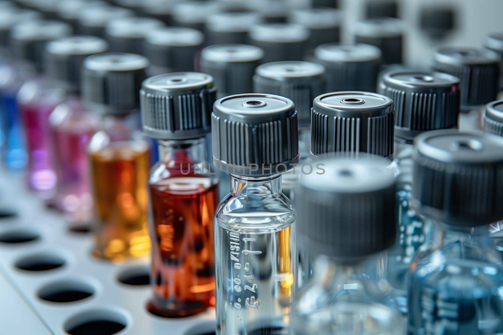 A row of glass bottles filled with various colored liquids in a laboratory, each containing a different solution or alcoholic beverage