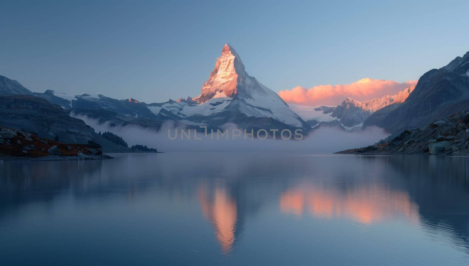 At sunset, a magnificent mountain is mirrored in the tranquil waters of a lake, creating a breathtaking natural landscape with a snowy peak and vibrant sky