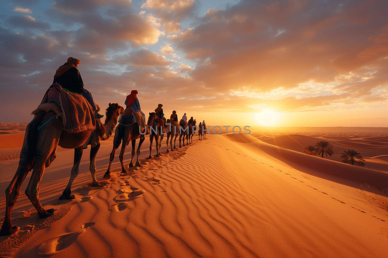 A caravan of camels is trekking through the natural desert landscape as the sun sets on the horizon, painting the sky with hues of dusk and creating a stunning sunset backdrop for their travel