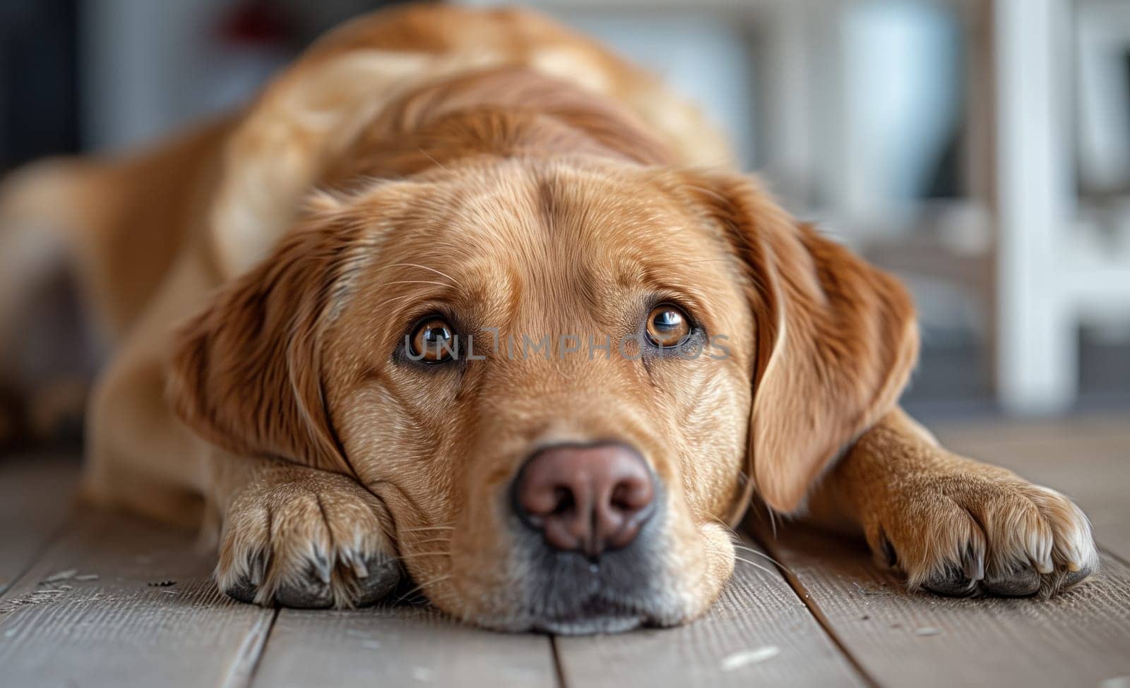 A fawncolored dog, a companion breed, is resting on a wooden floor with its head on its paws. This carnivorous terrestrial animal is wearing a collar
