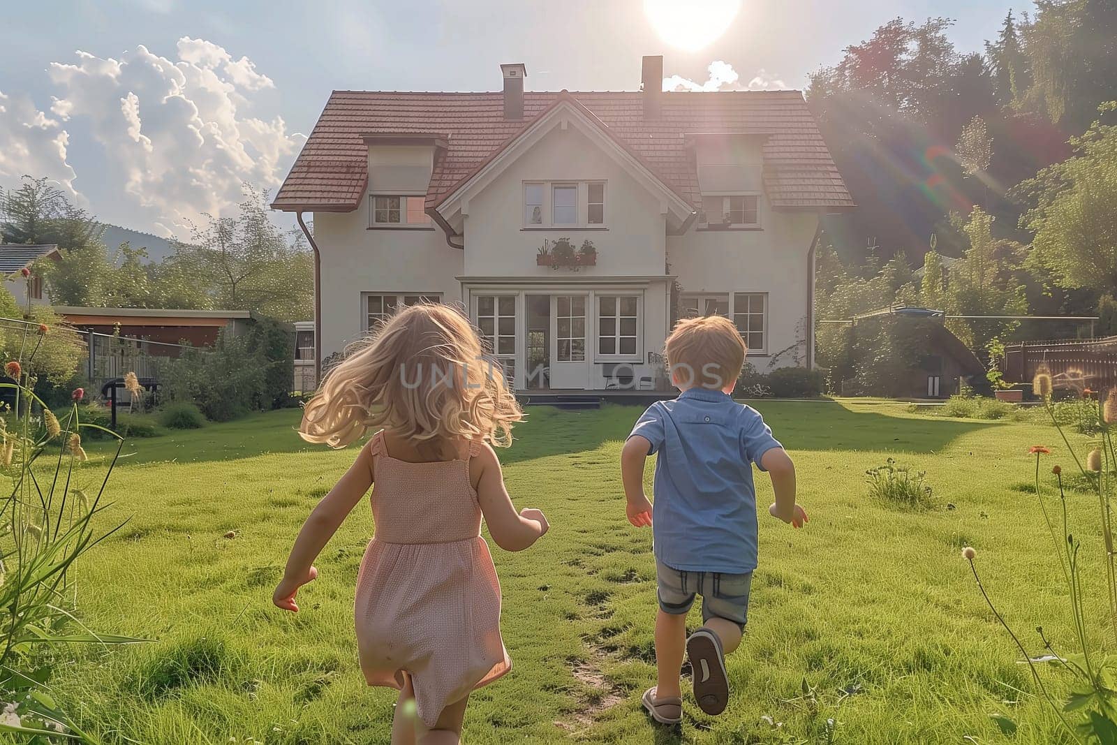 A boy and a girl race towards a house in a natural landscape on a summer day by richwolf