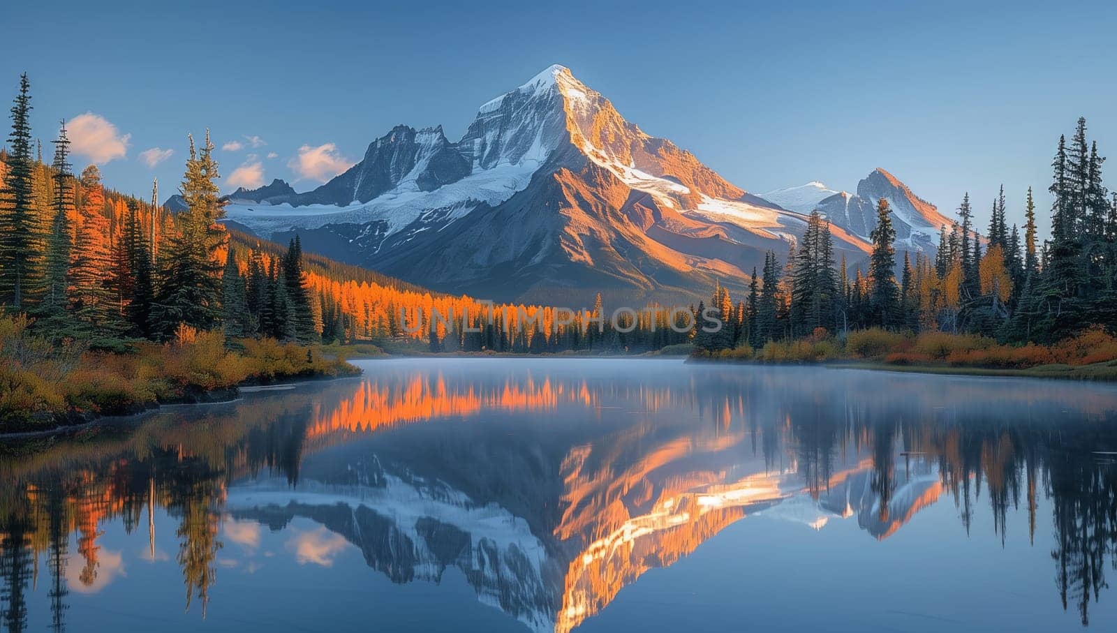 A mountain is mirrored in the tranquil waters of a lake, embraced by a lush forest of trees, under a vast sky, creating a stunning natural landscape