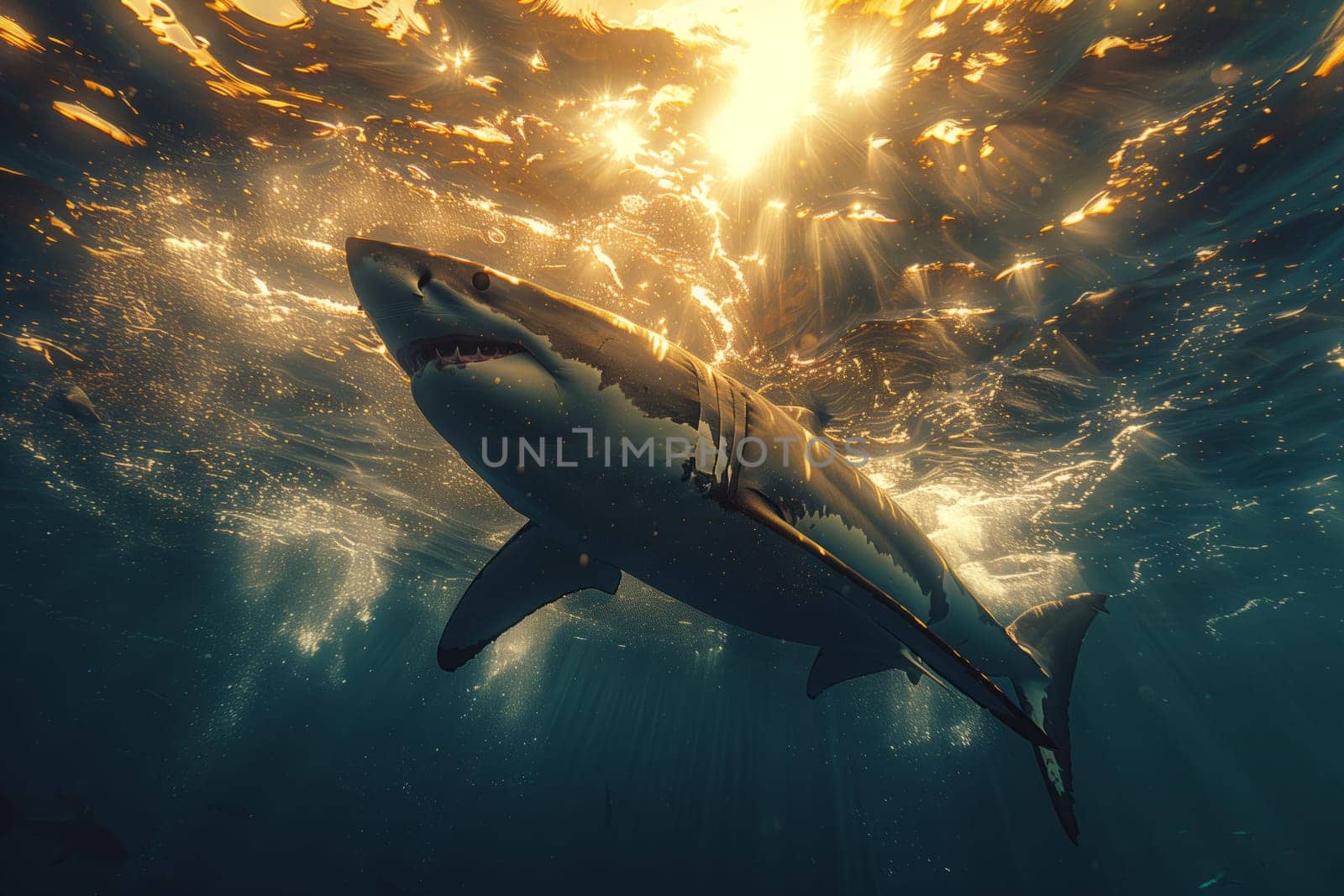 A Lamnidae shark swims fluidly in the underwater ocean by richwolf