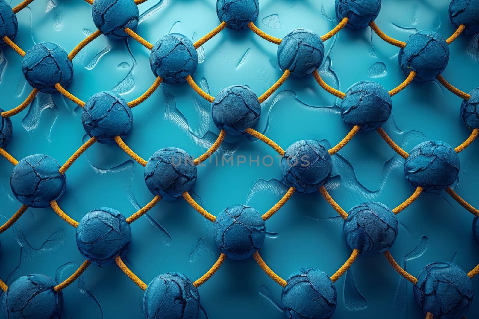 A close up of a steel wire fencing made with a symmetrical pattern of azure blueberries and yellow ropes, resembling an automotive tire mesh. The electric blue color pops against the metal grid