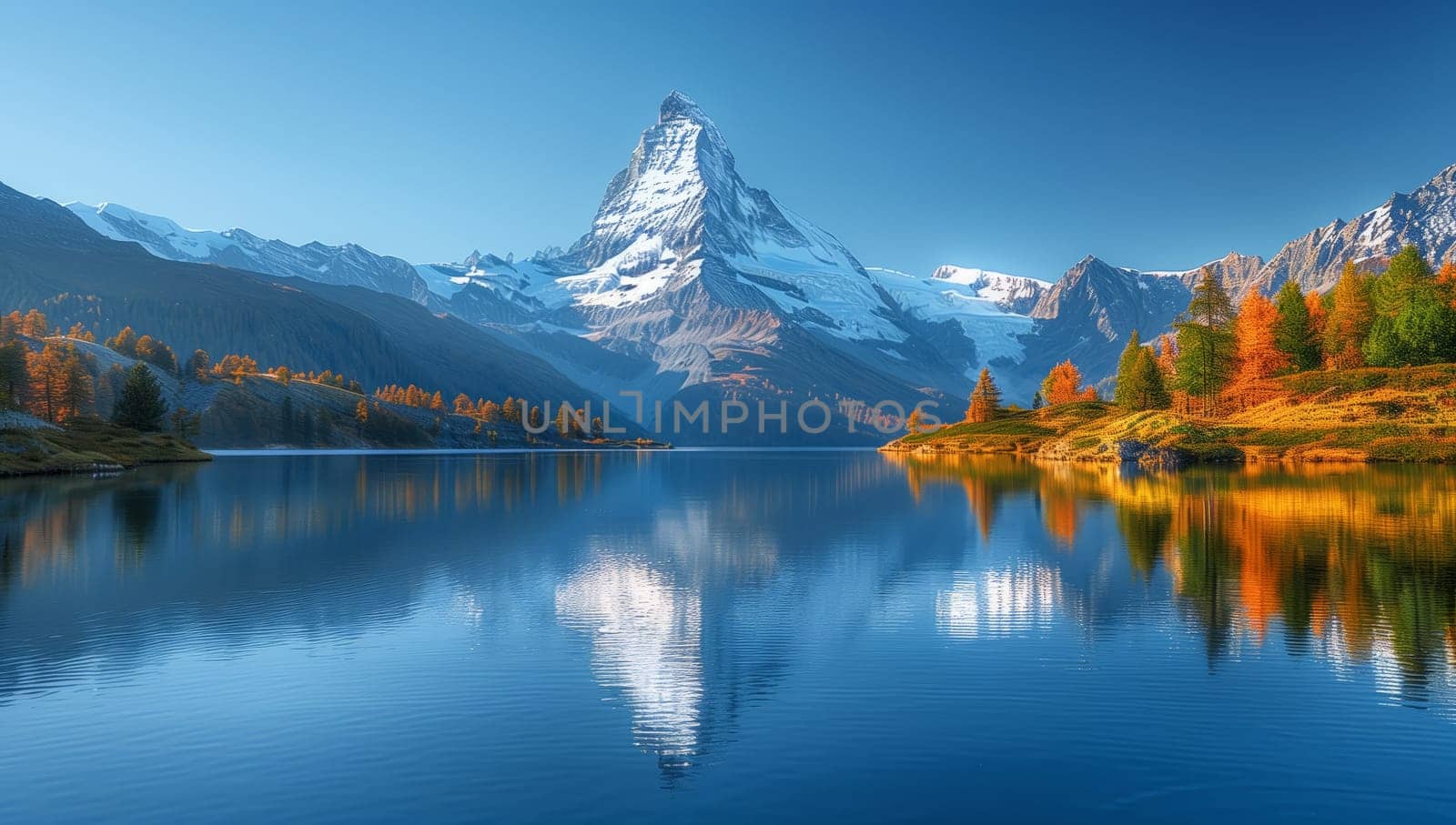 A mountain reflecting in lake with trees and sky in background by richwolf