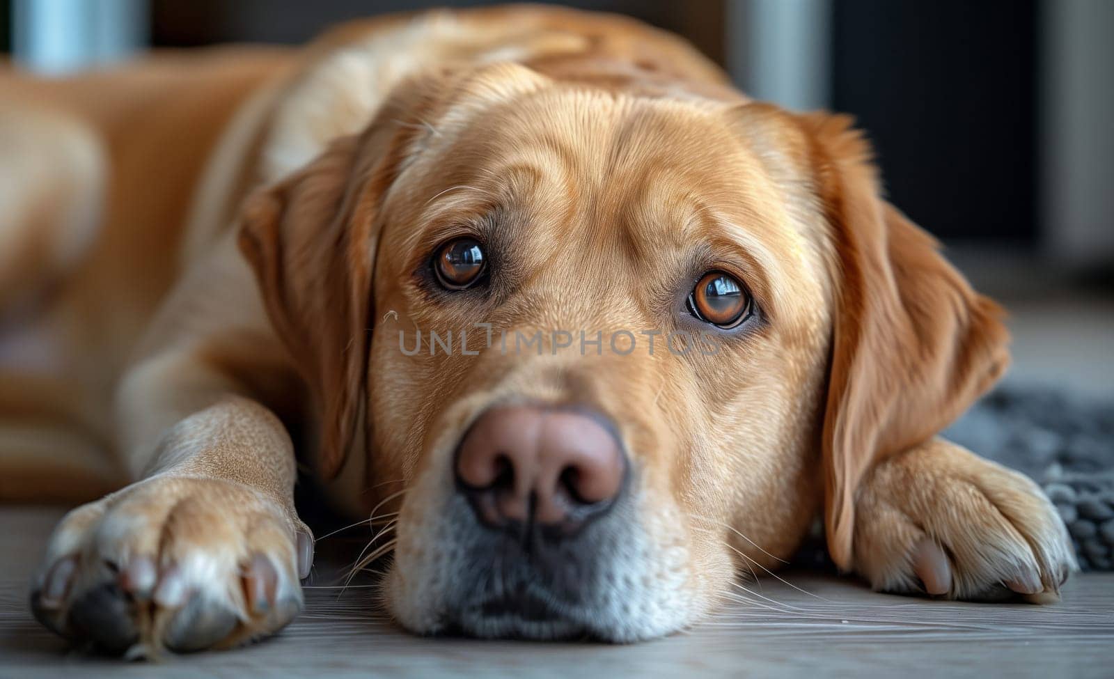 A Fawncolored dog of the Sporting Group breed is lying on the floor with its head resting on its paws, displaying its whiskers and ears