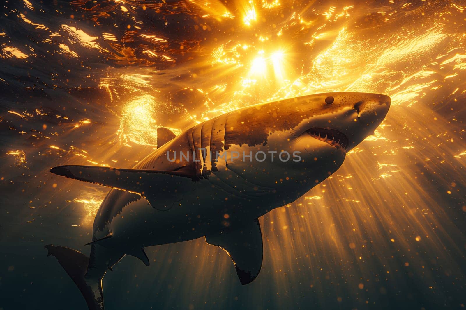 a great white shark is swimming in the ocean with the sun shining through the water by richwolf