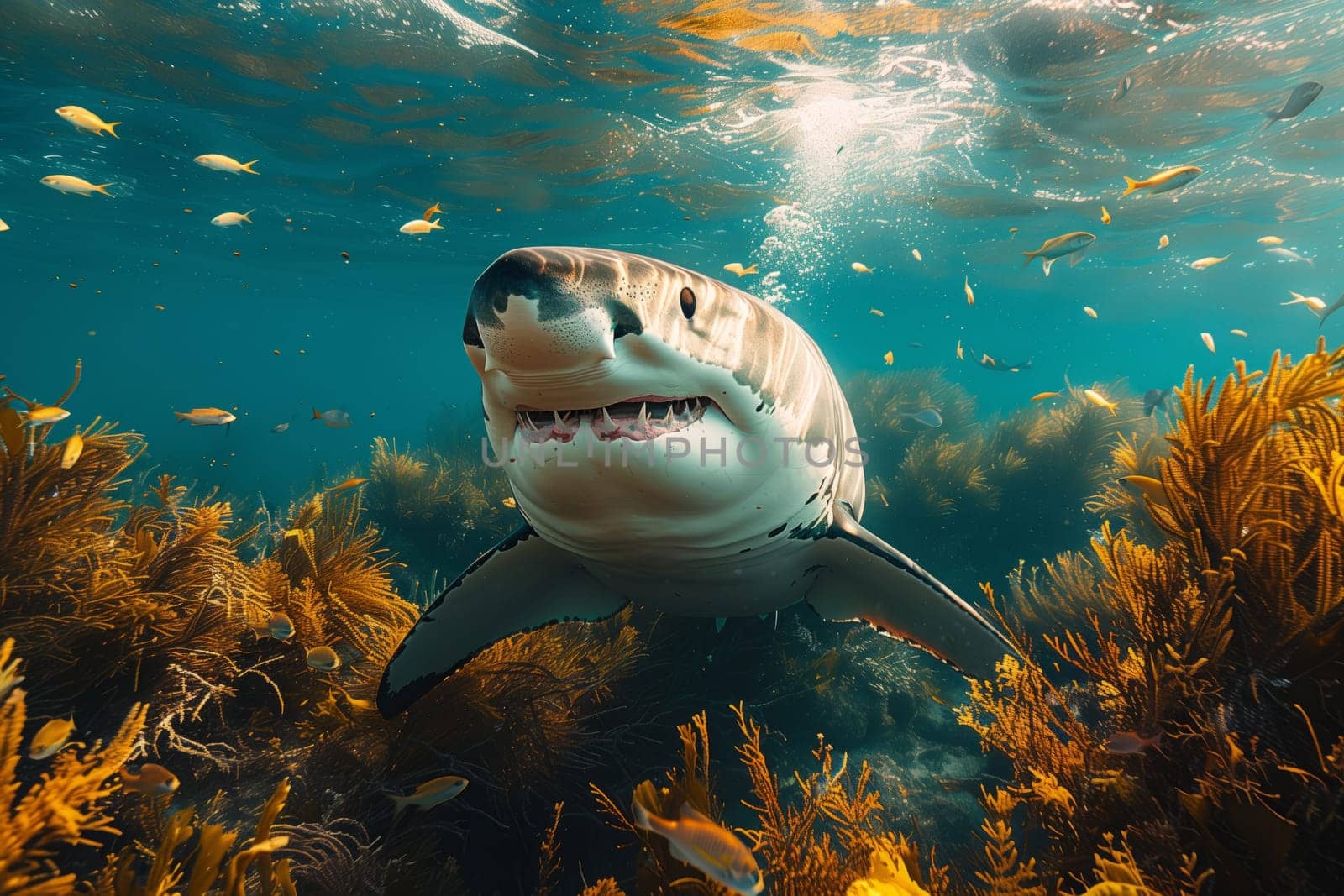 A great white shark, a member of the Lamnidae family, swims underwater in the ocean near seaweed. This apex predator is a fascinating marine organism studied in marine biology