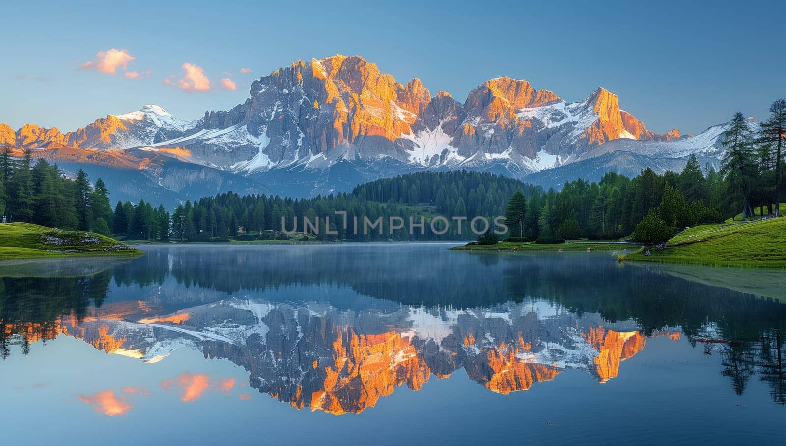 A picturesque natural landscape where a mountain is mirrored in a tranquil lake, framed by trees in the foreground, under a cloudy sky
