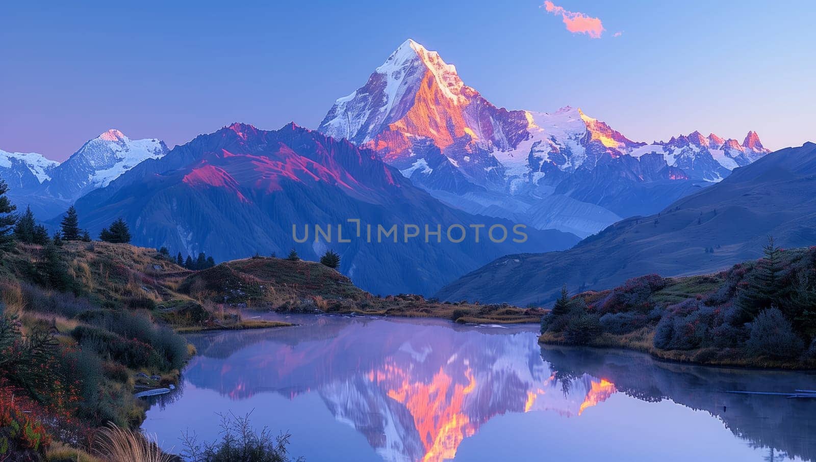 Mountain reflected in lake at sunset, creating stunning natural landscape by richwolf