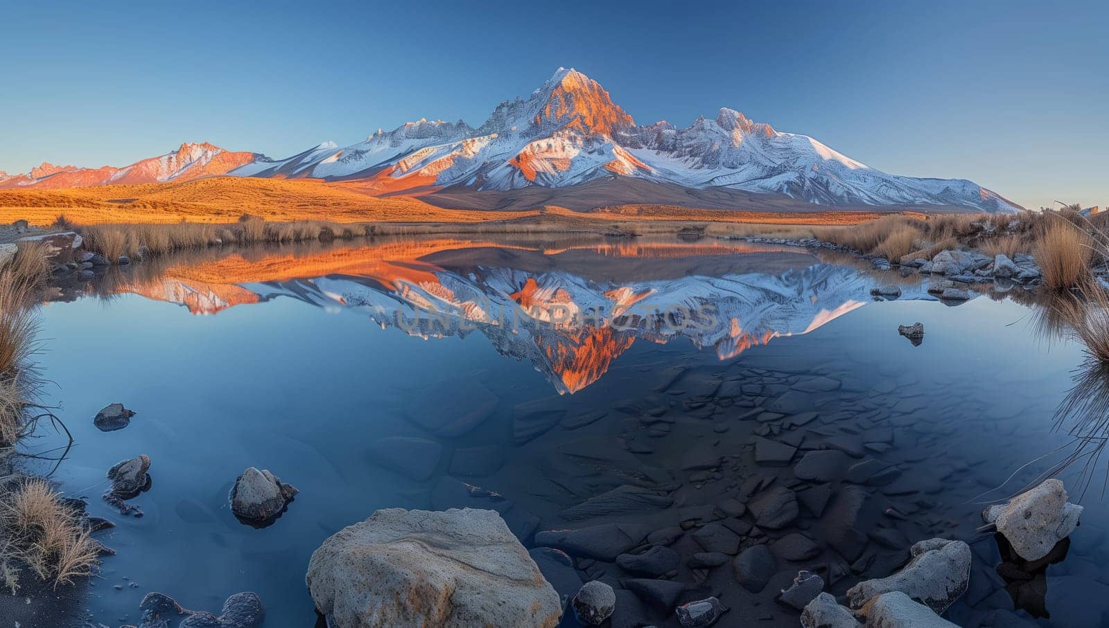 Highland mountain reflected in lake, rocks in foreground, under sky by richwolf