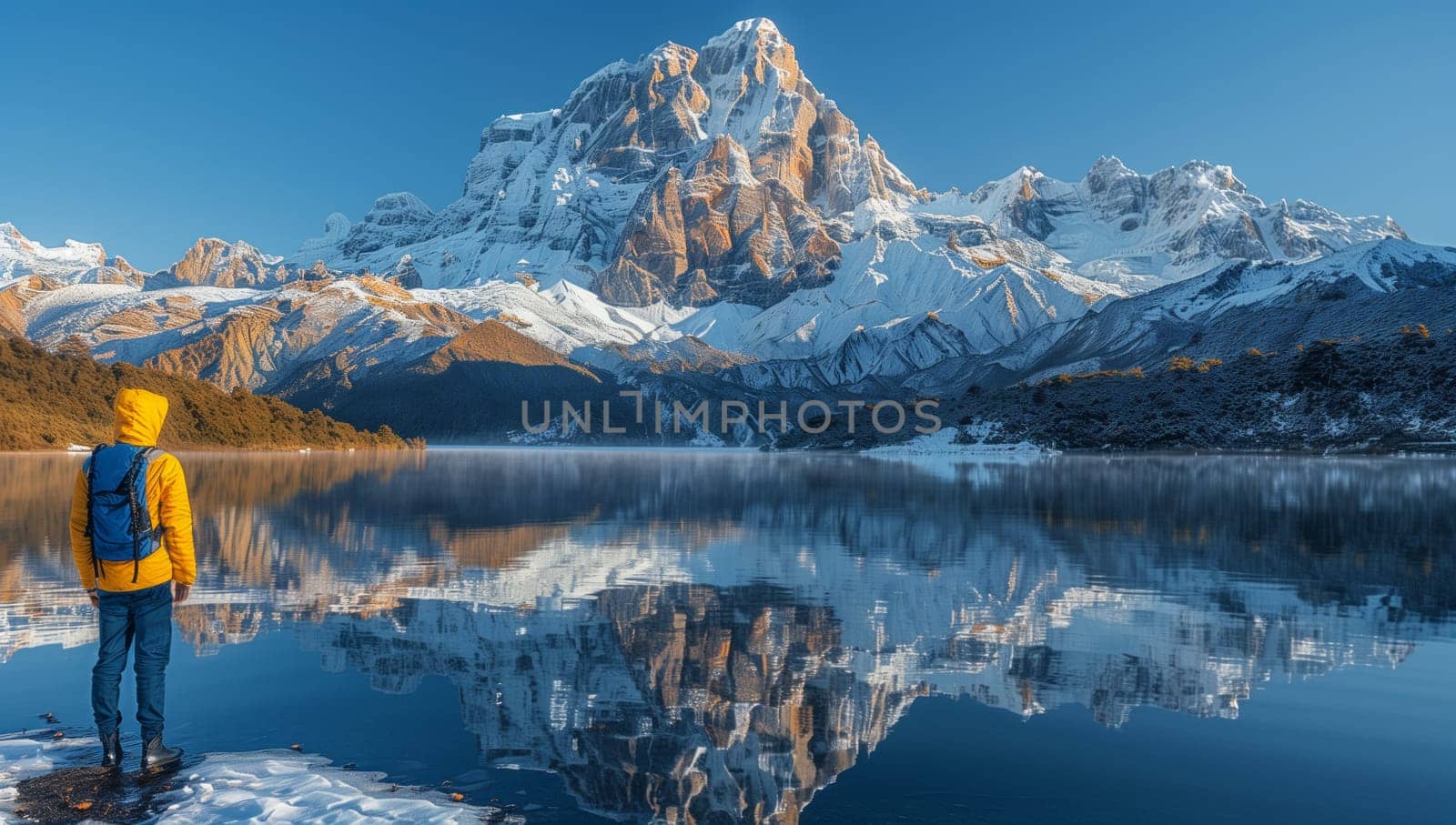 Person by lake with mountain, snow, and ice cap in background by richwolf